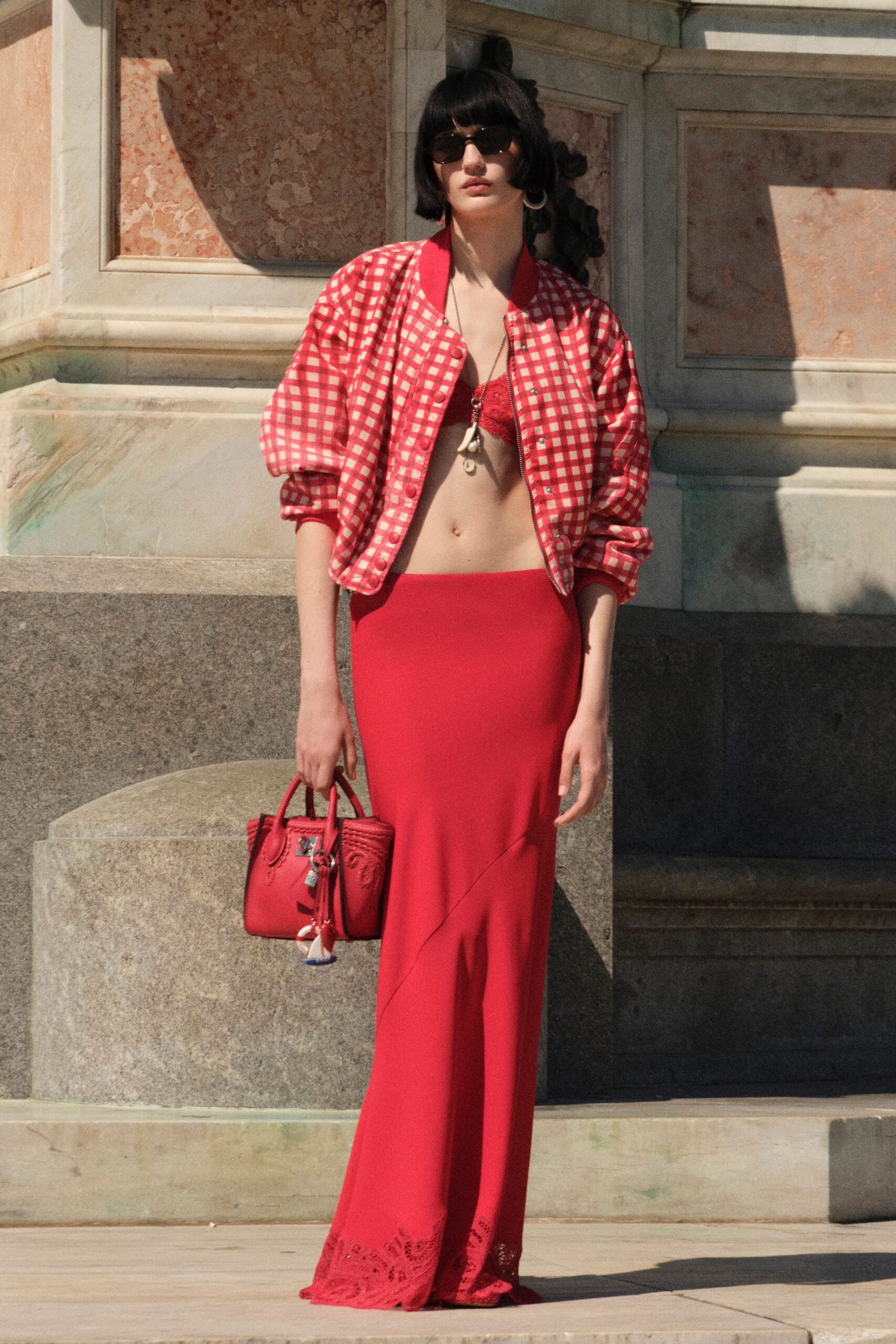 red checked jacket with maxi skirt