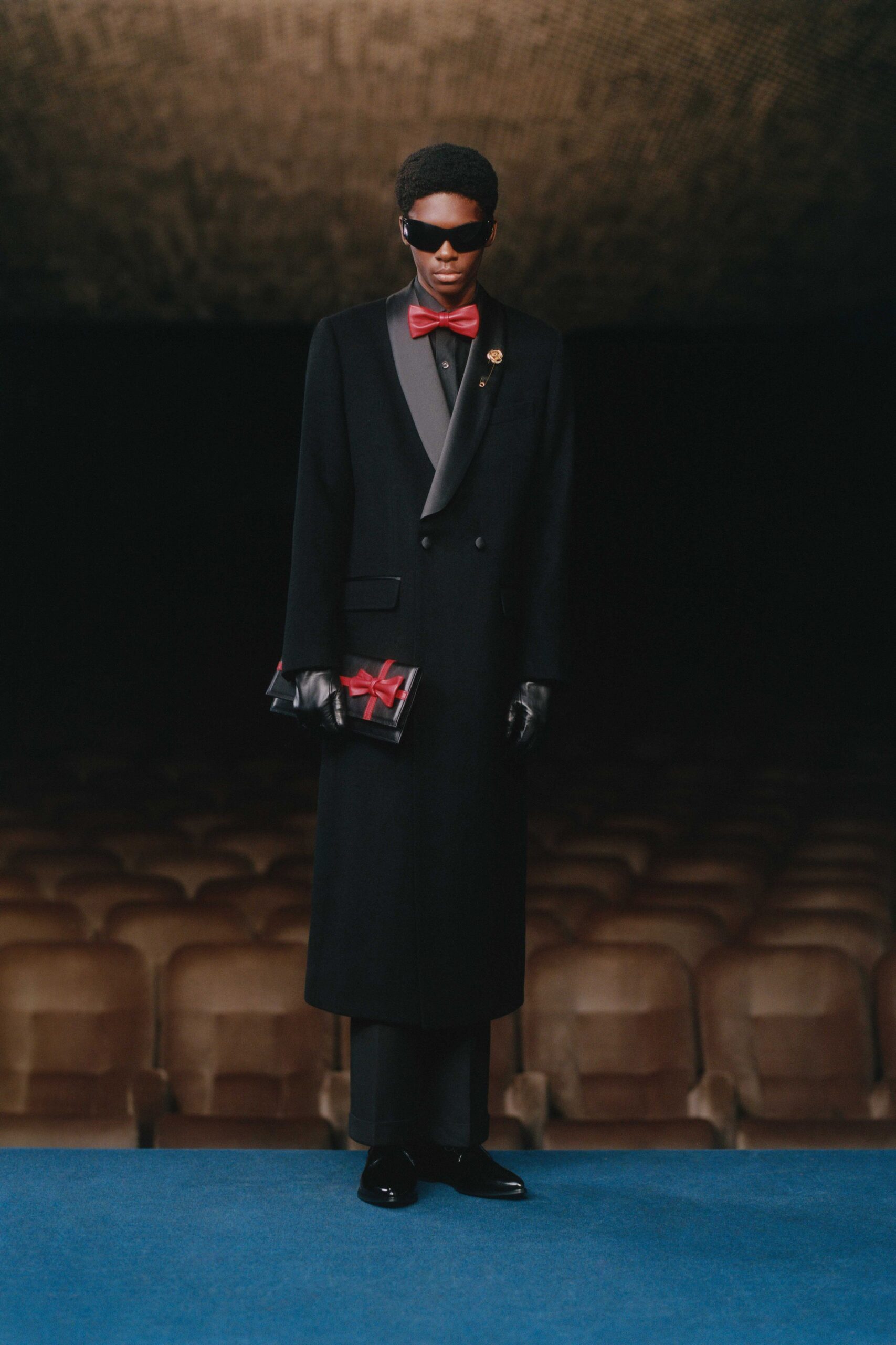 black wool long-sleeve collared fitted buttoned maxi coat