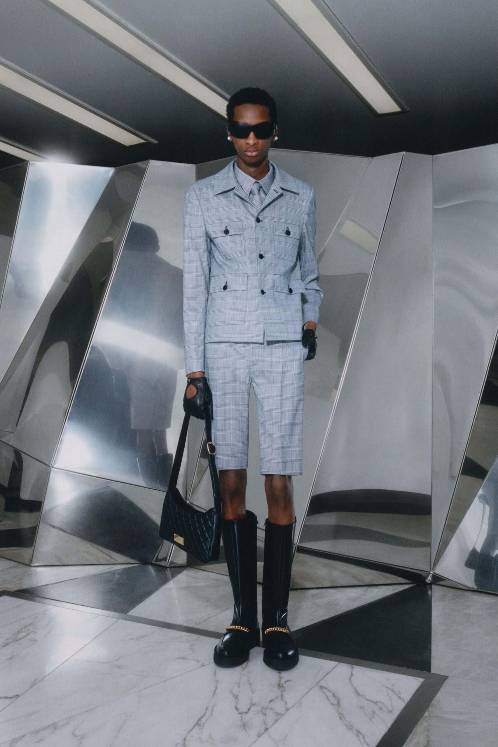 blue gray tailored suit with shorts