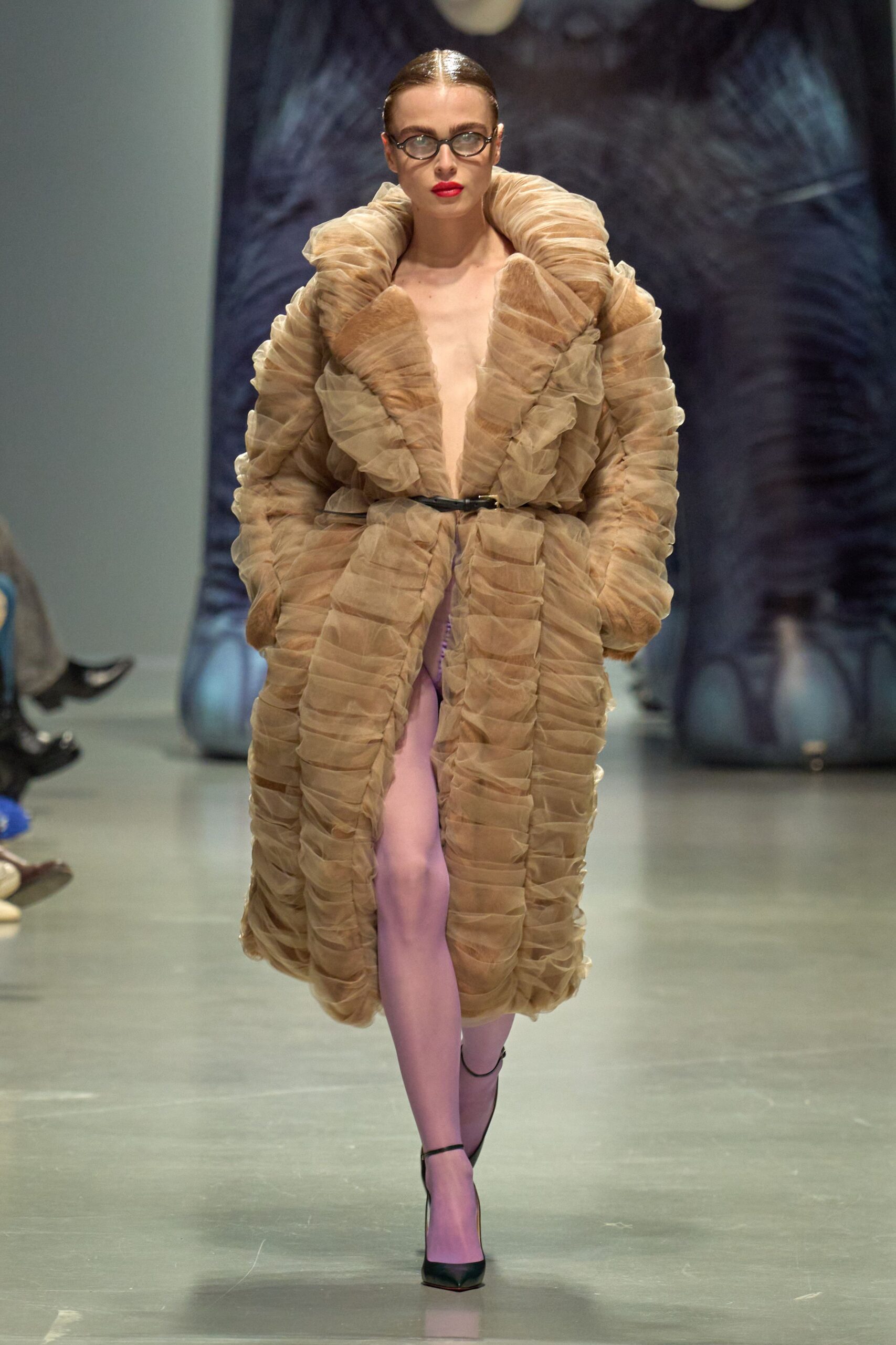beige fur long-sleeve relaxed ruffled maxi coat