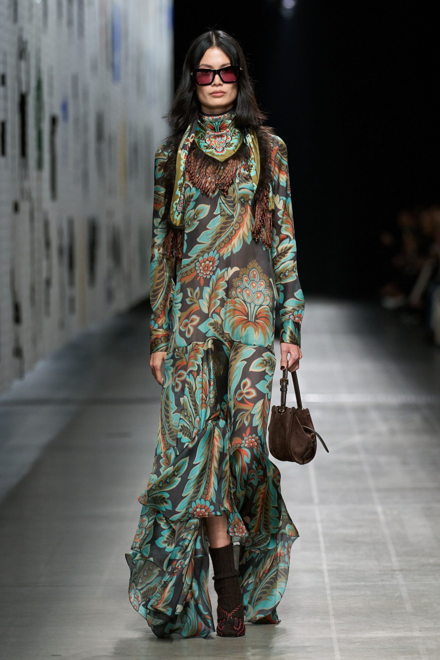 green silk long-sleeve high-neck fitted flared printed dress