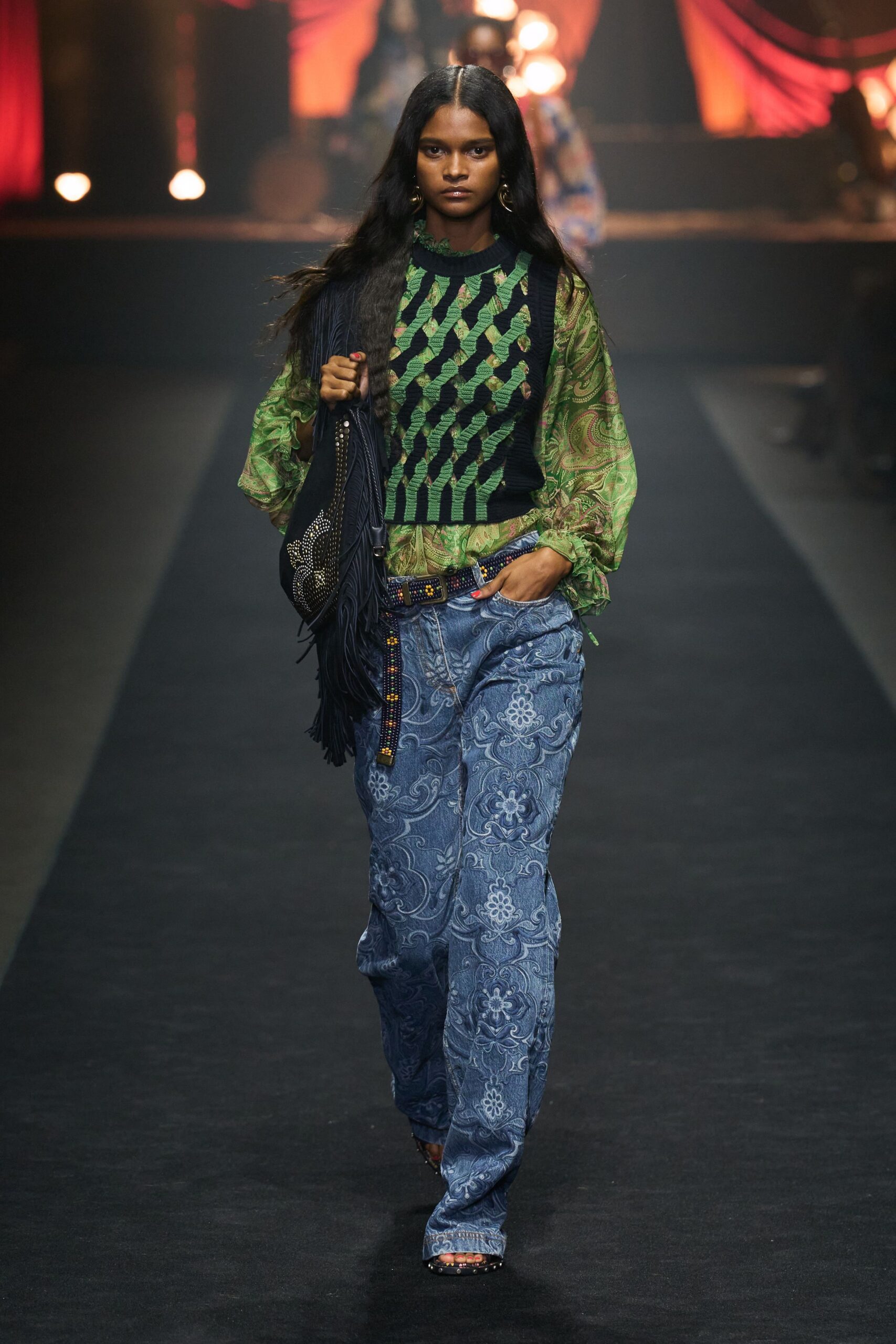 green embroidered top with denim pants