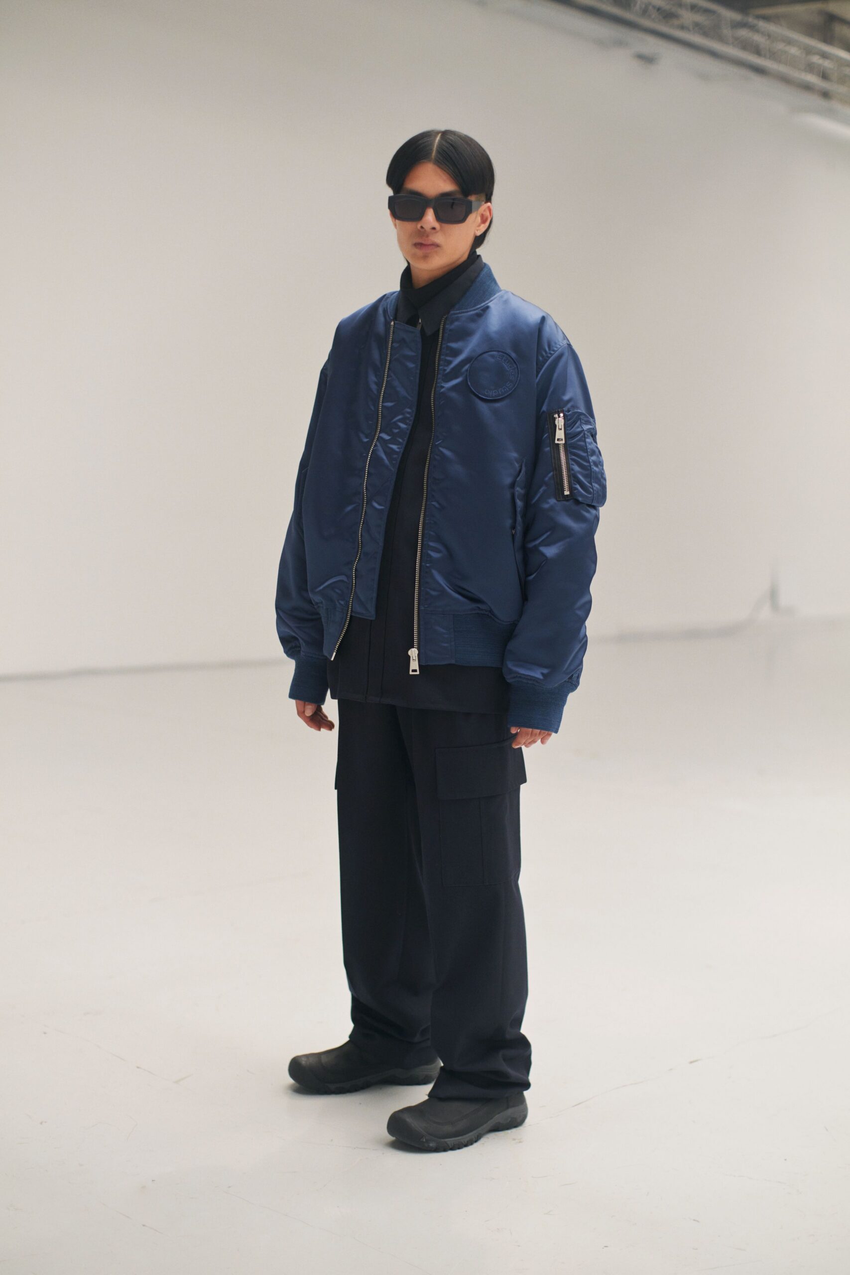 blue satin long-sleeve collared oversized zippered jacket