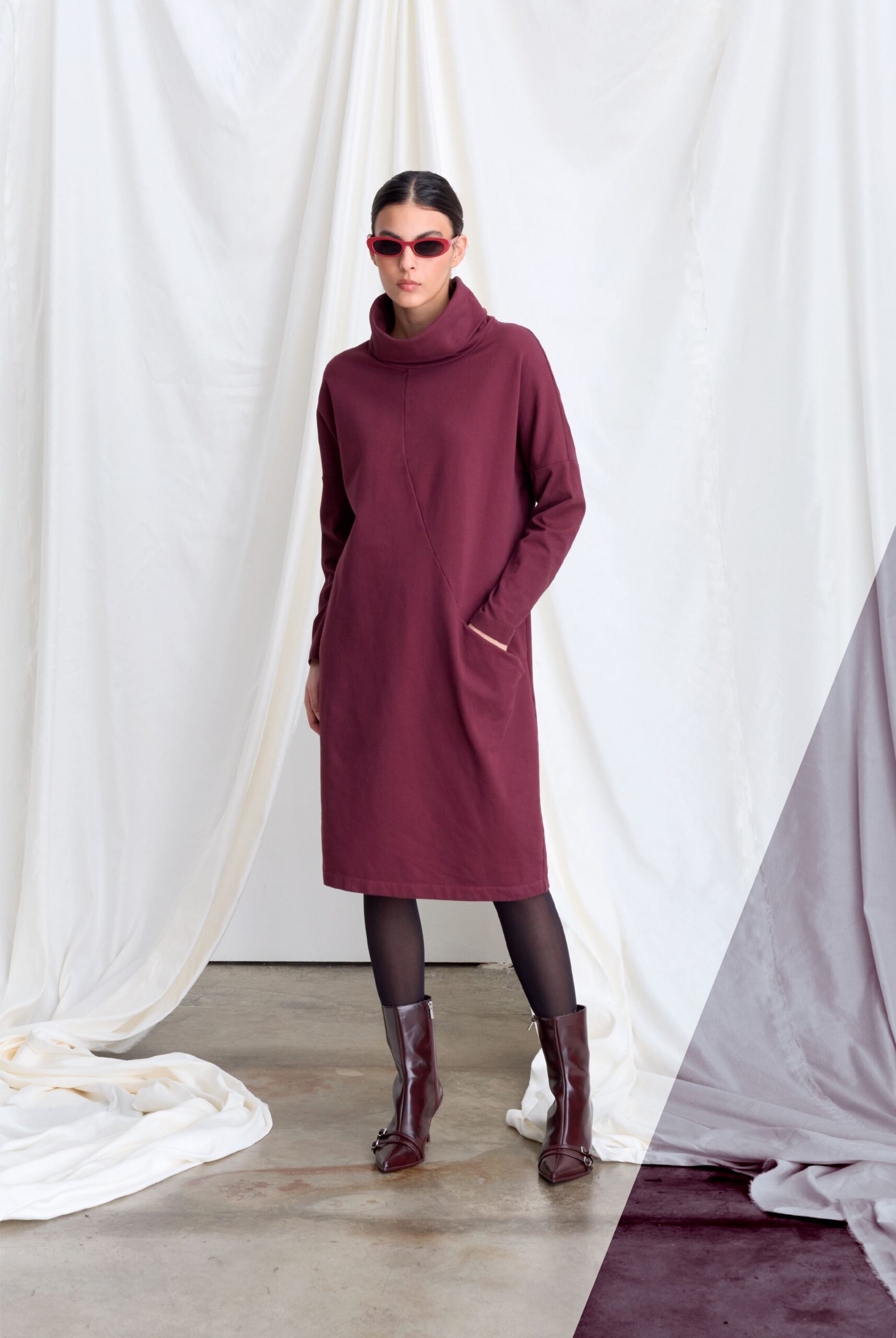 maroon cotton long-sleeve high-neck relaxed pockets midi dress