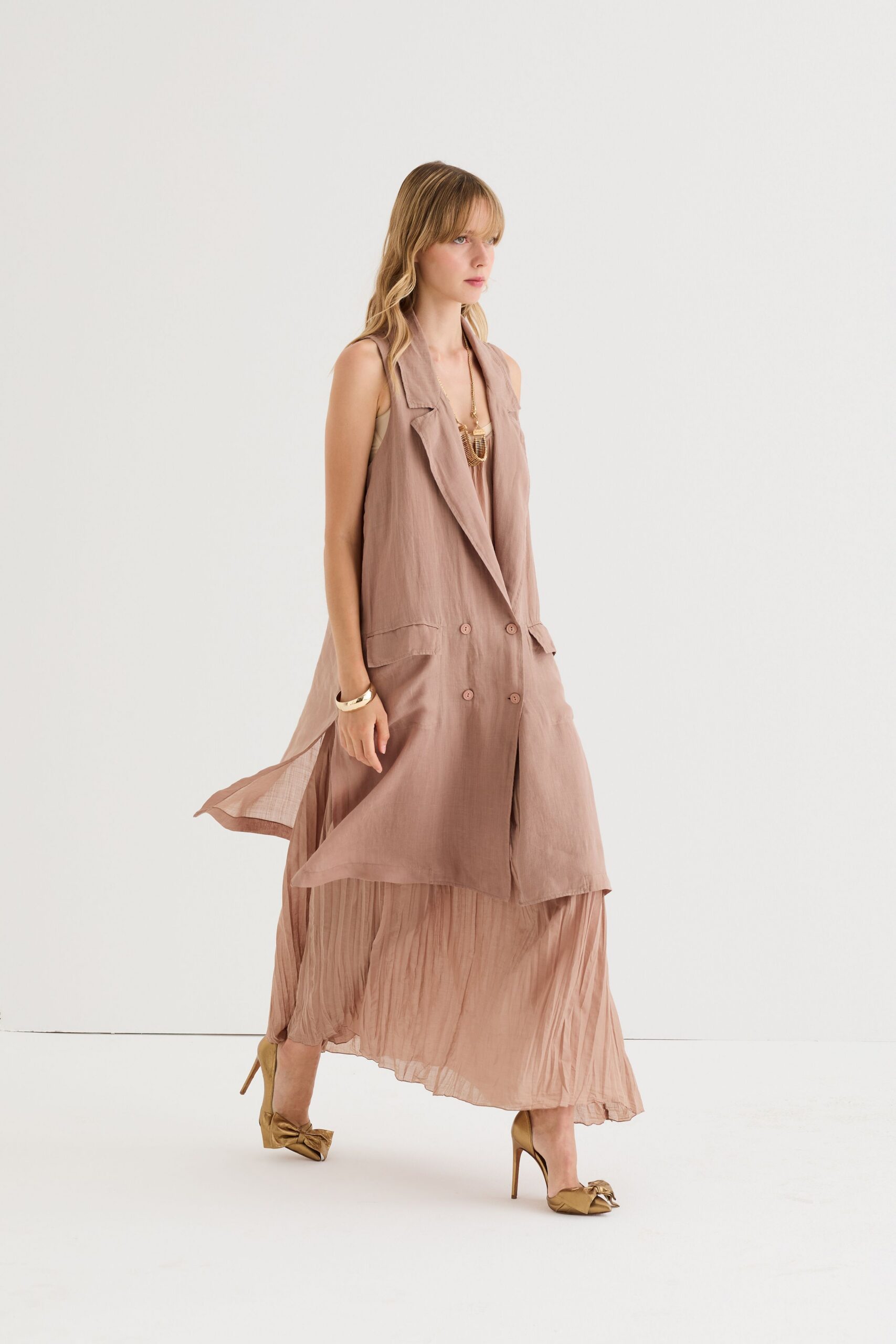 beige silk sleeveless collared fitted pleated layered dress