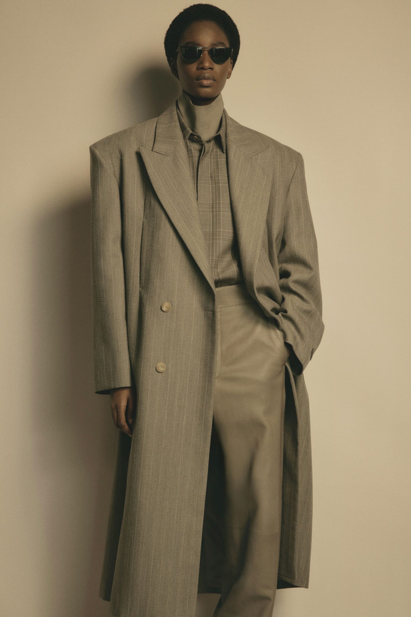 gray wool long-sleeve collared oversized striped maxi coat
