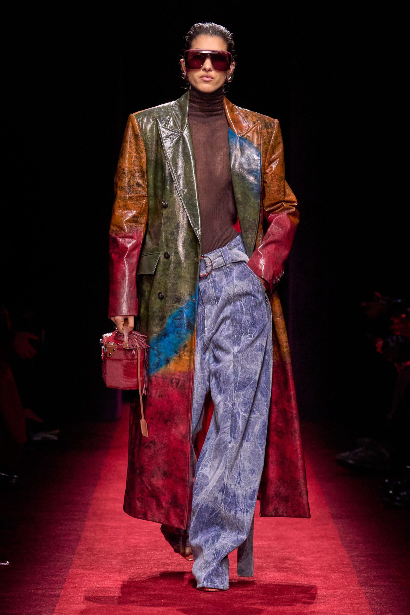 multi leather long-sleeve collared tailored buttoned color-blocked coat