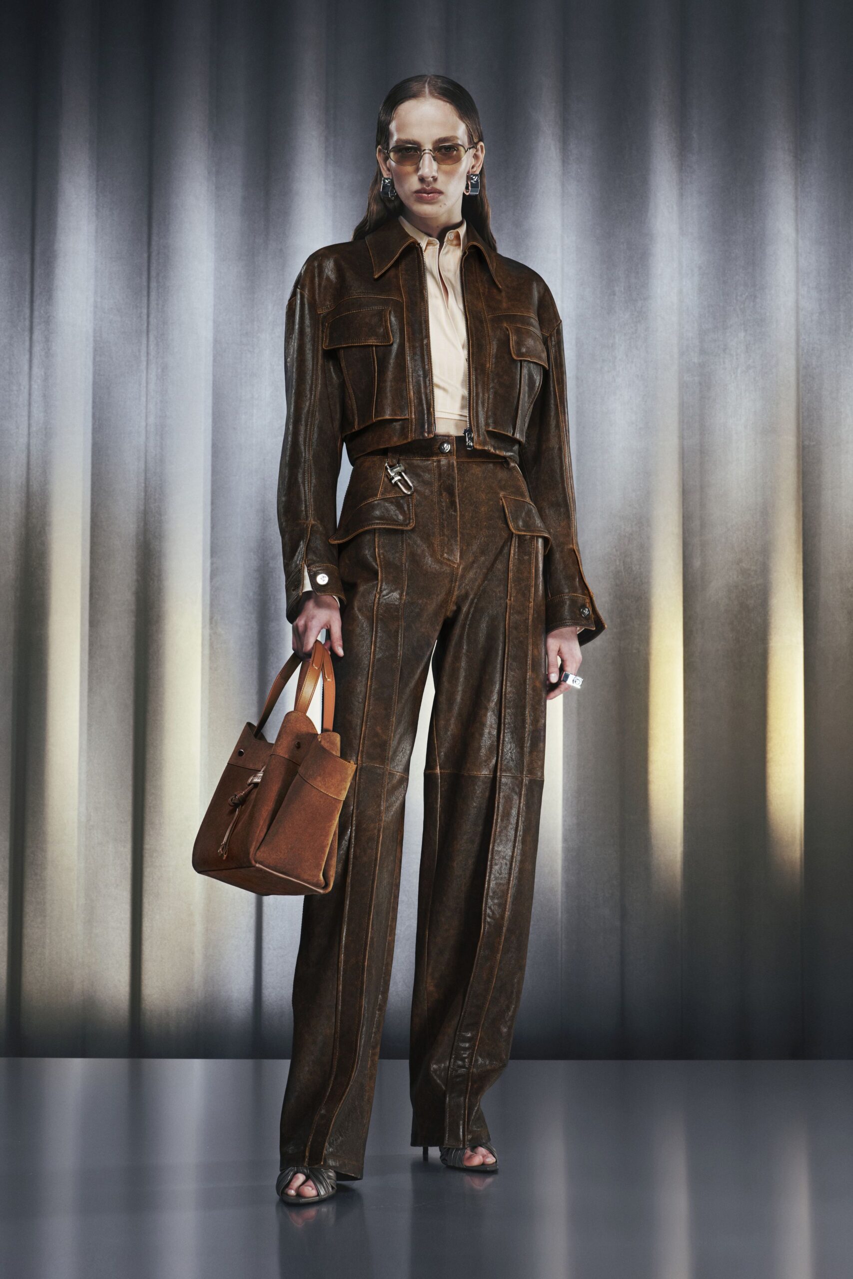 brown leather fitted jacket and pants