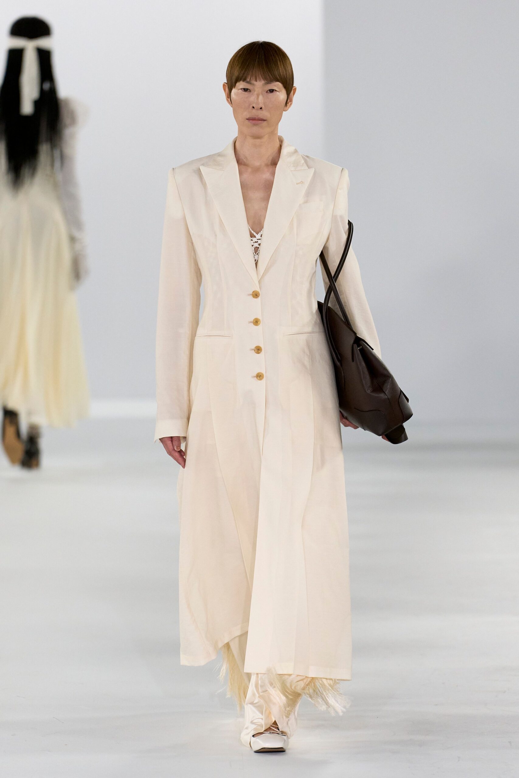 white cotton long-sleeve collared fitted buttoned maxi dress
