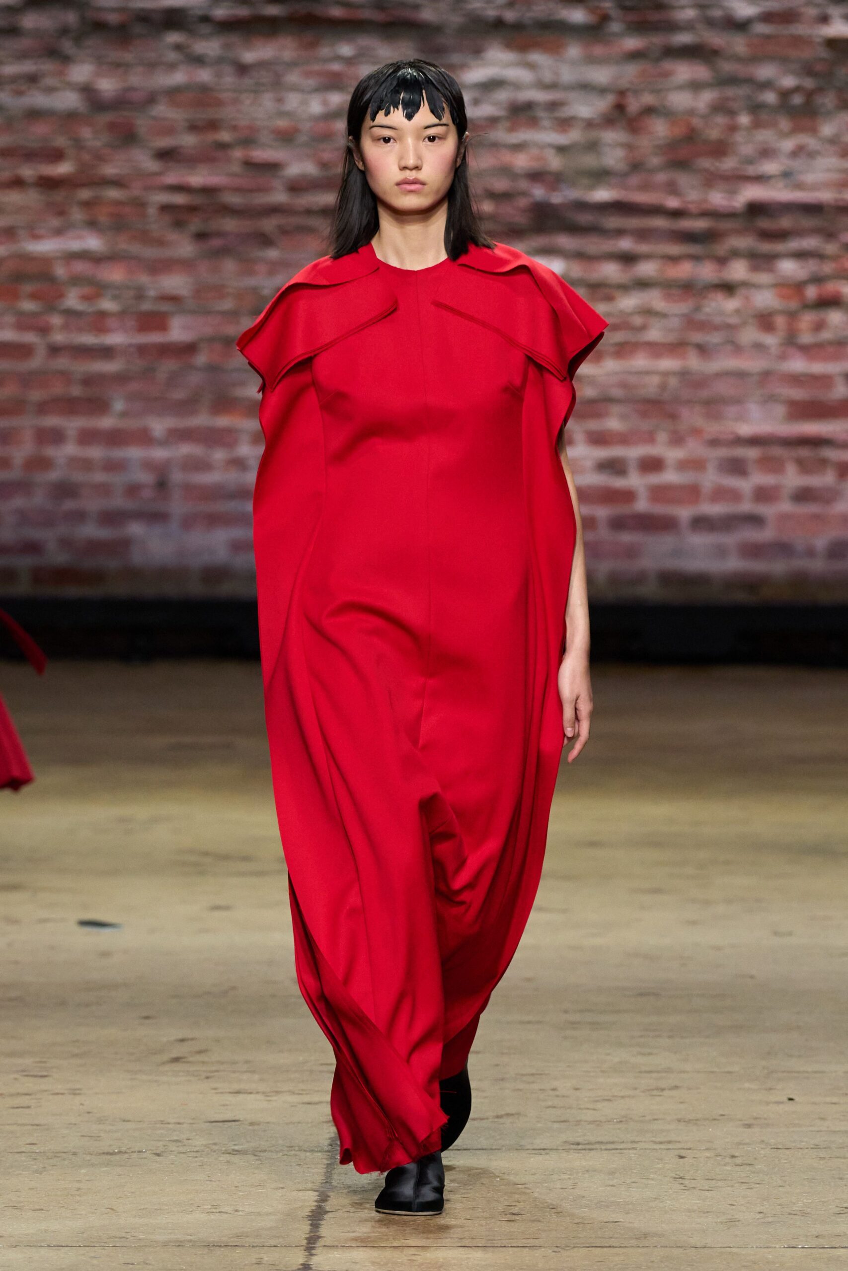 red silk sleeveless high-neck relaxed draped maxi gown