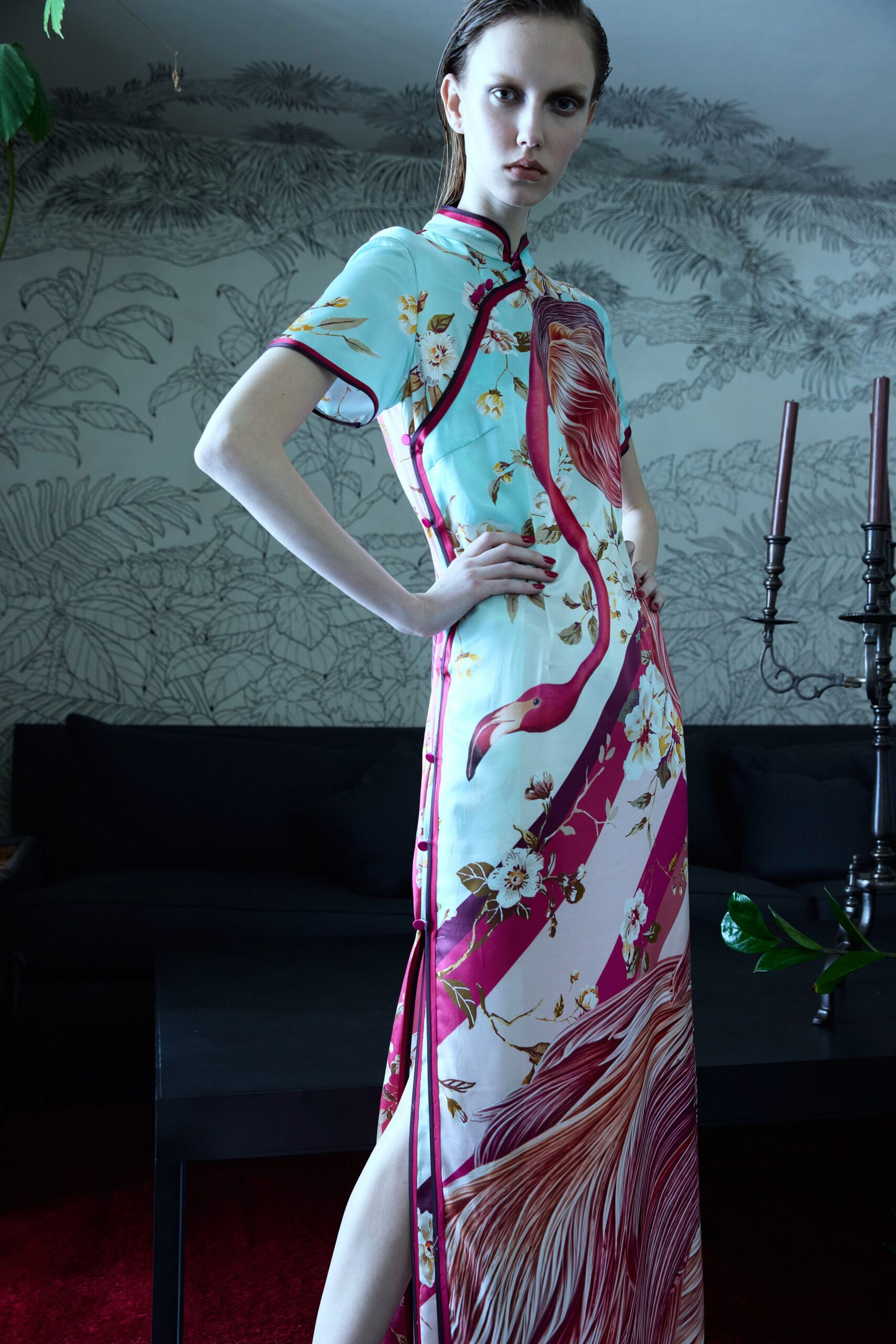 blue pink printed midi dress
