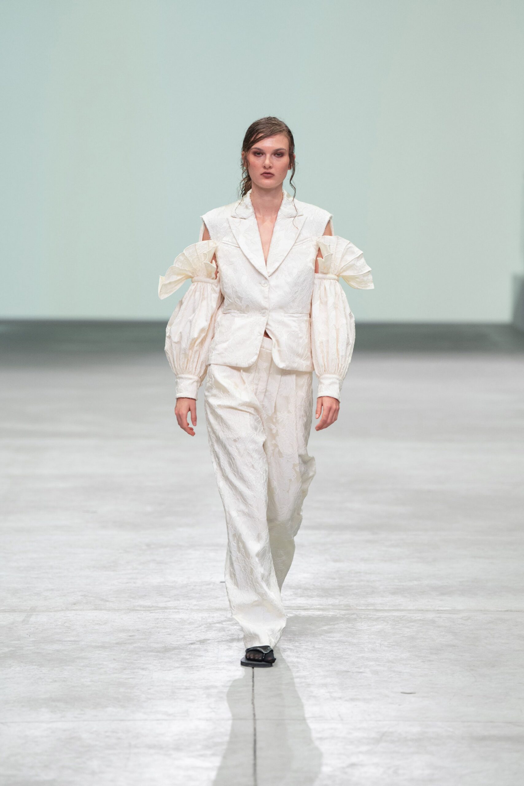white silk long-sleeve collared structured ruffled blazer