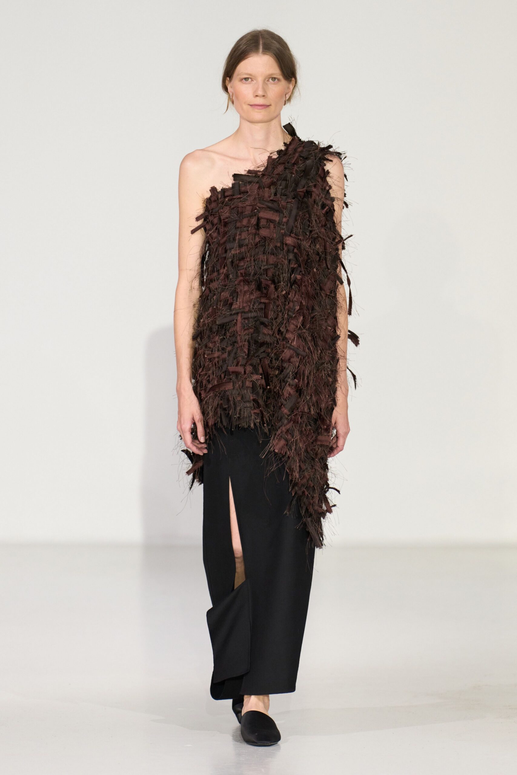 brown fringed asymmetric maxi dress