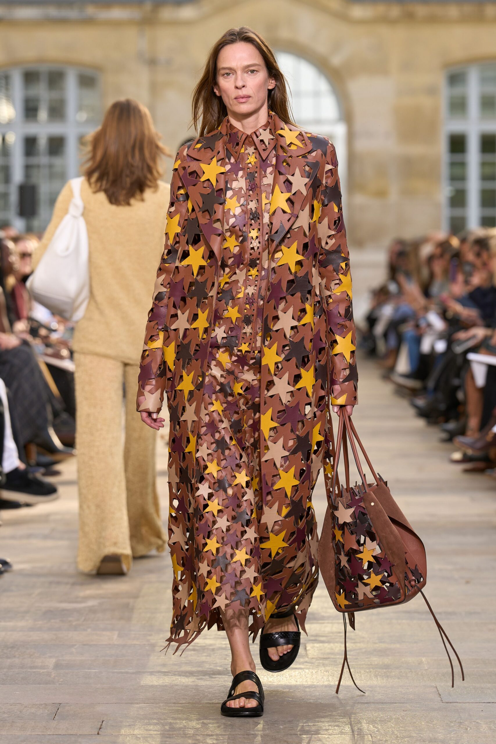brown silk long-sleeve collared fitted printed maxi dress