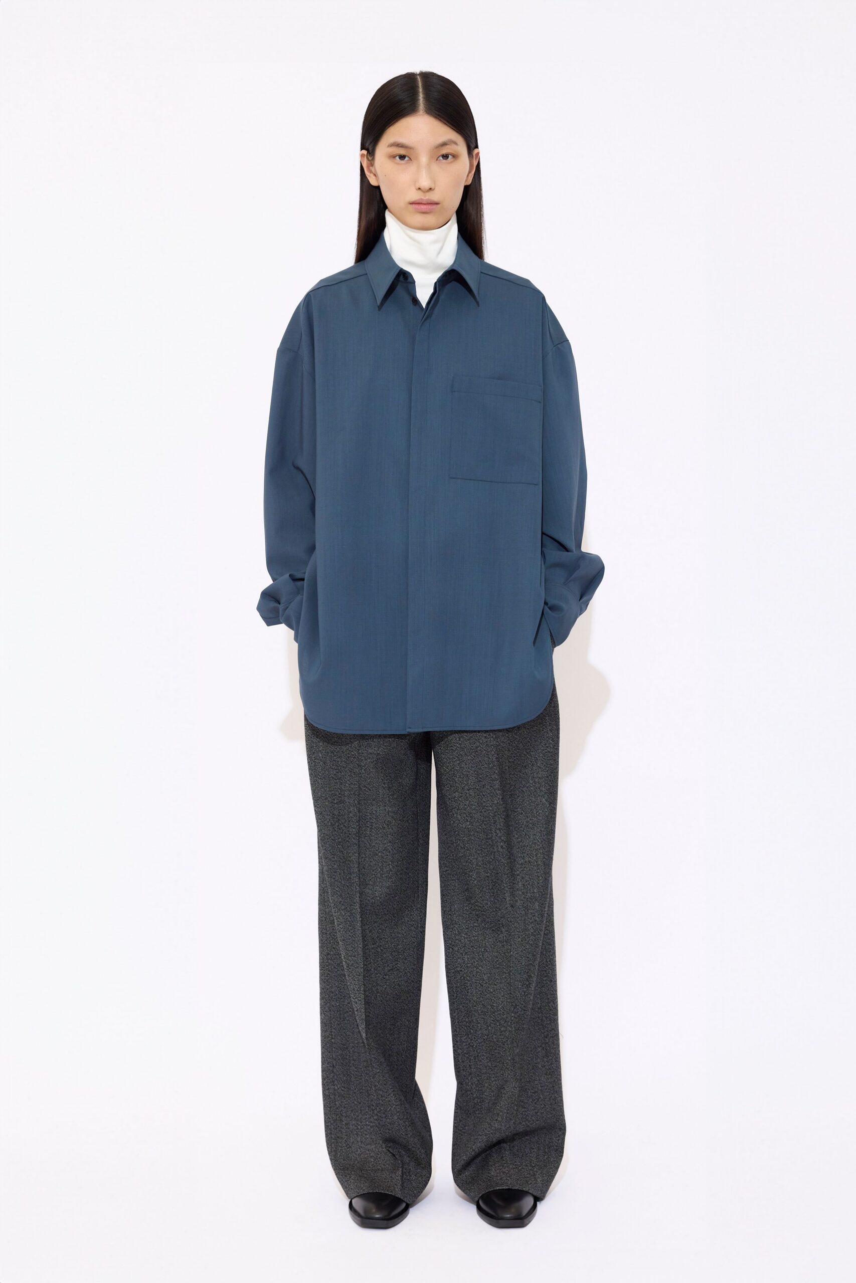blue oversized shirt gray pants