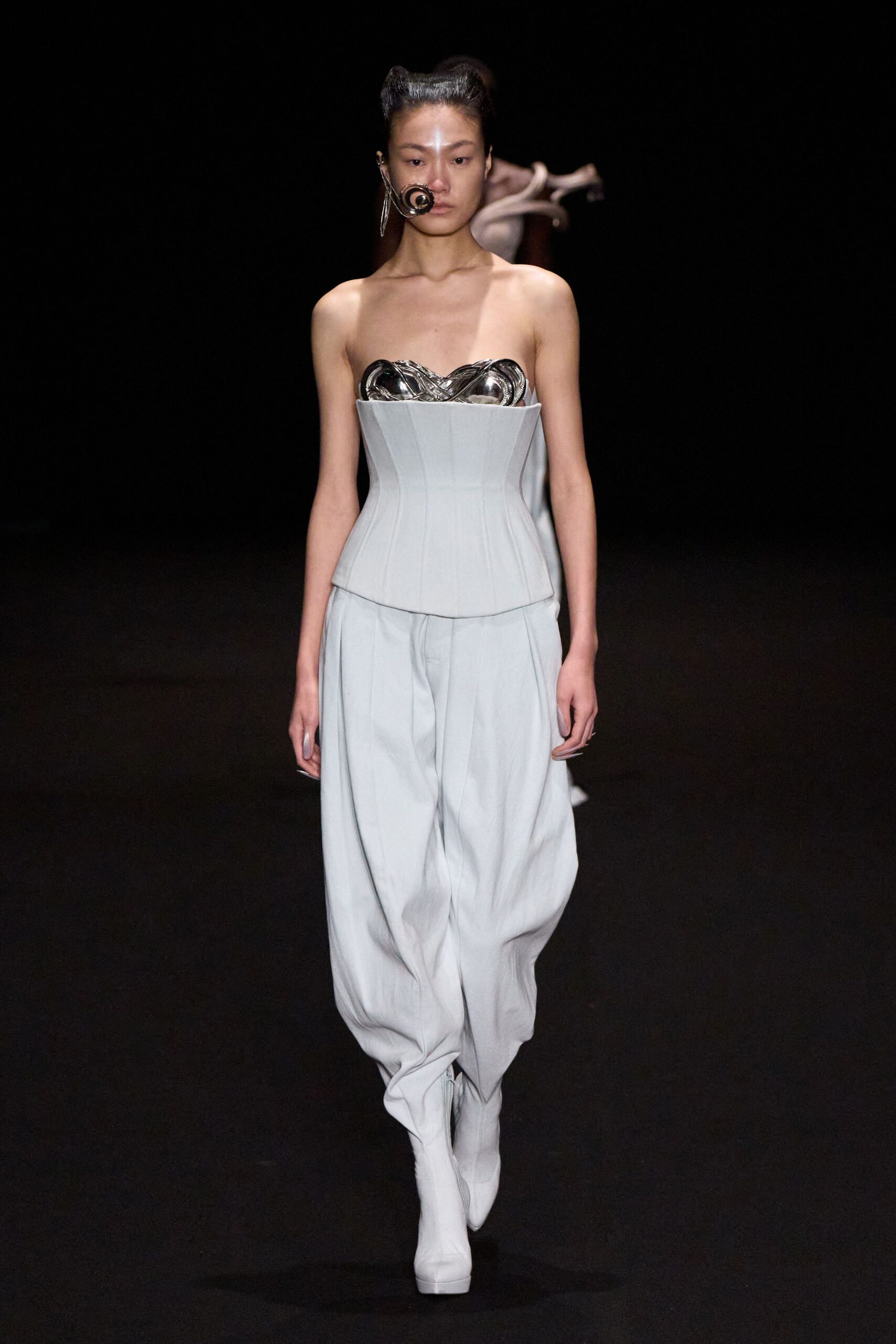 gray metallic strapless fitted bustier