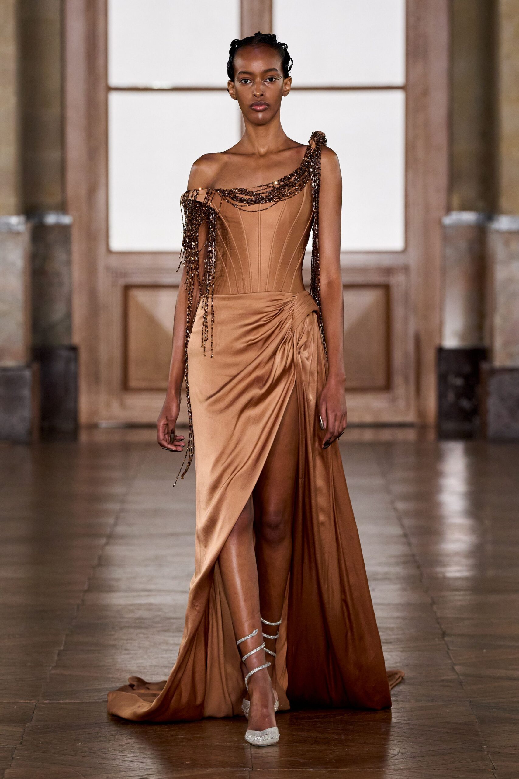 brown silk strapless high-neck fitted ruched flowing gown