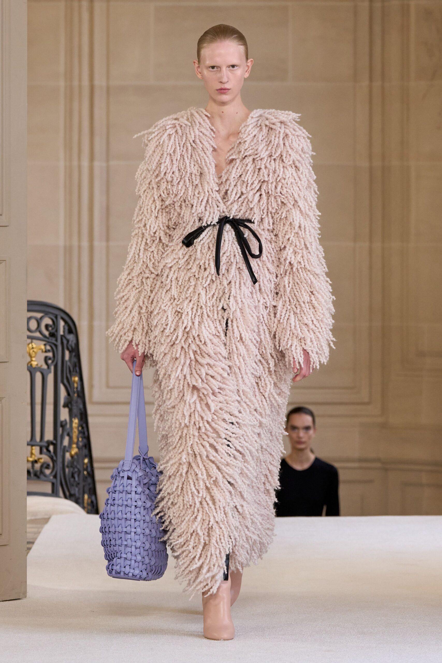 pink fur long-sleeve v-neck relaxed fringed maxi coat