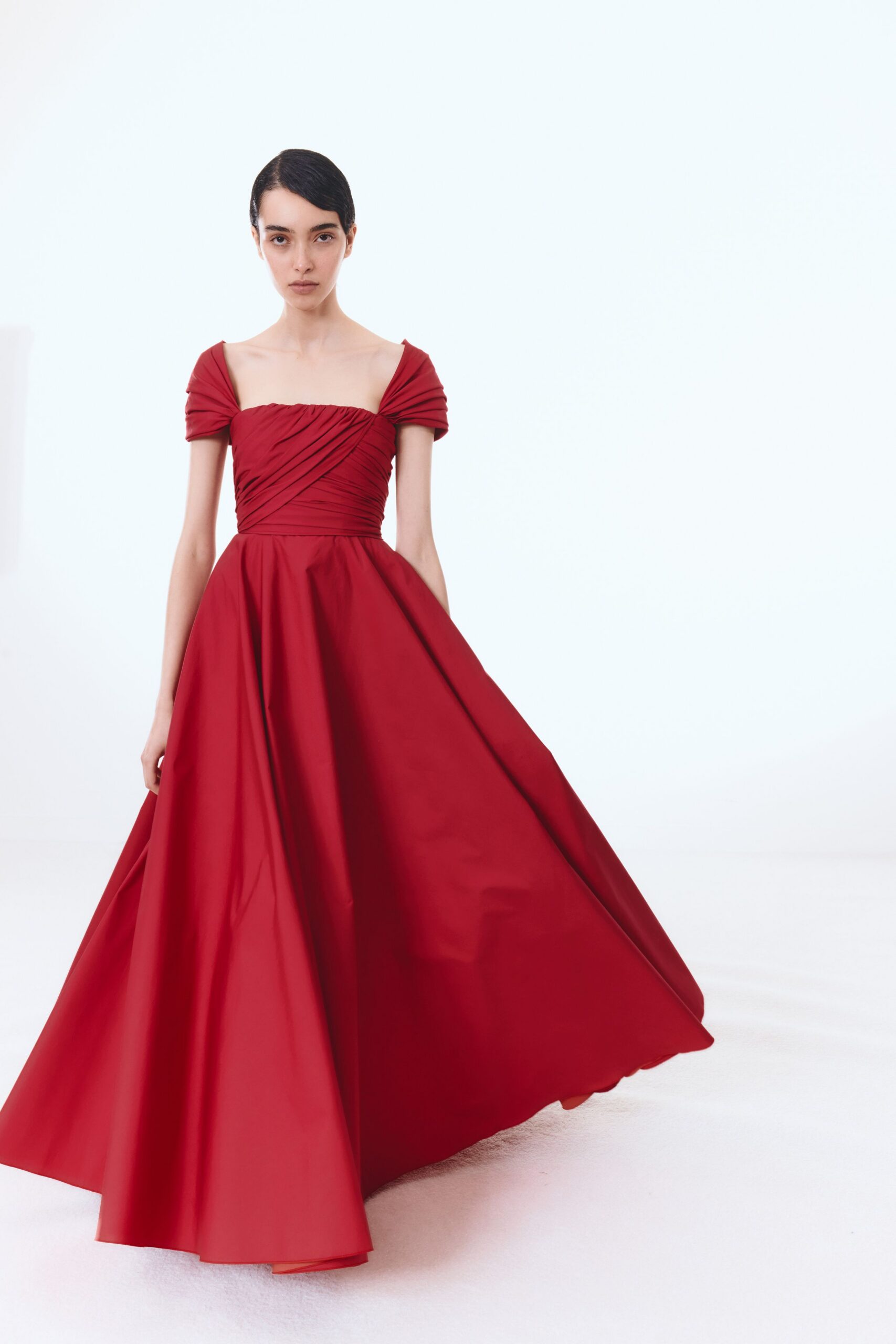 red silk fitted gown