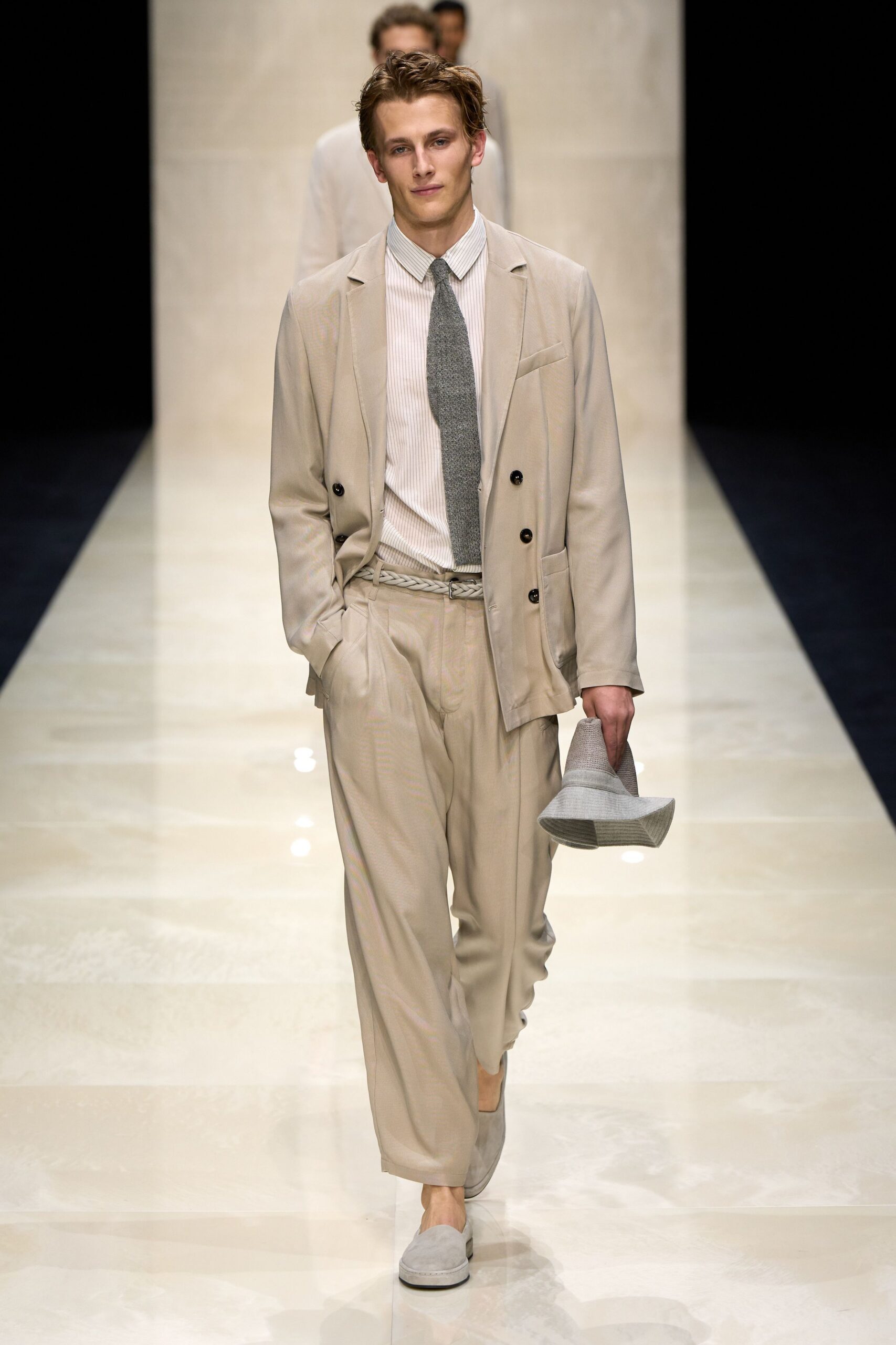 beige tailored suit with gray accessories