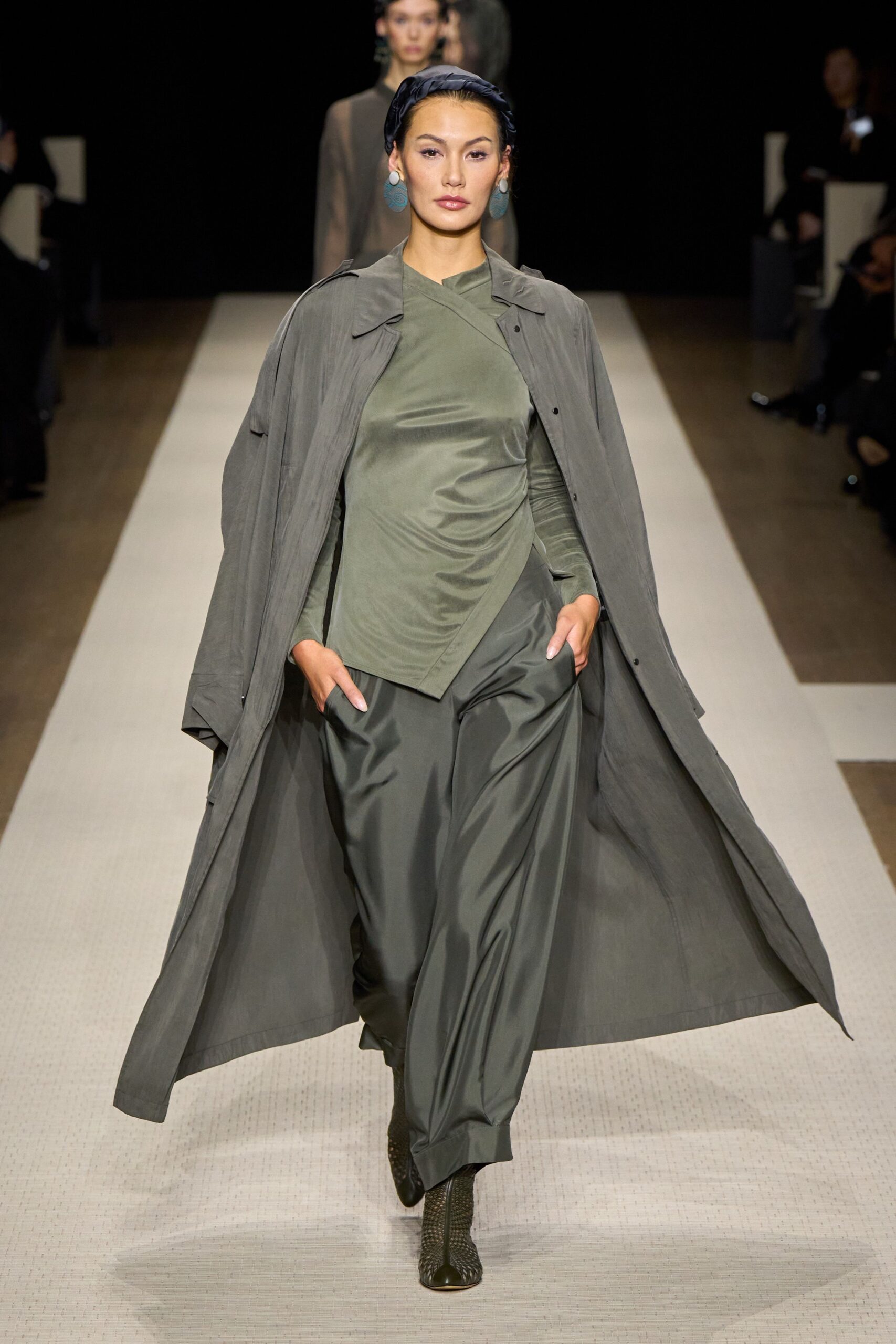 gray coat green top wide-leg pants