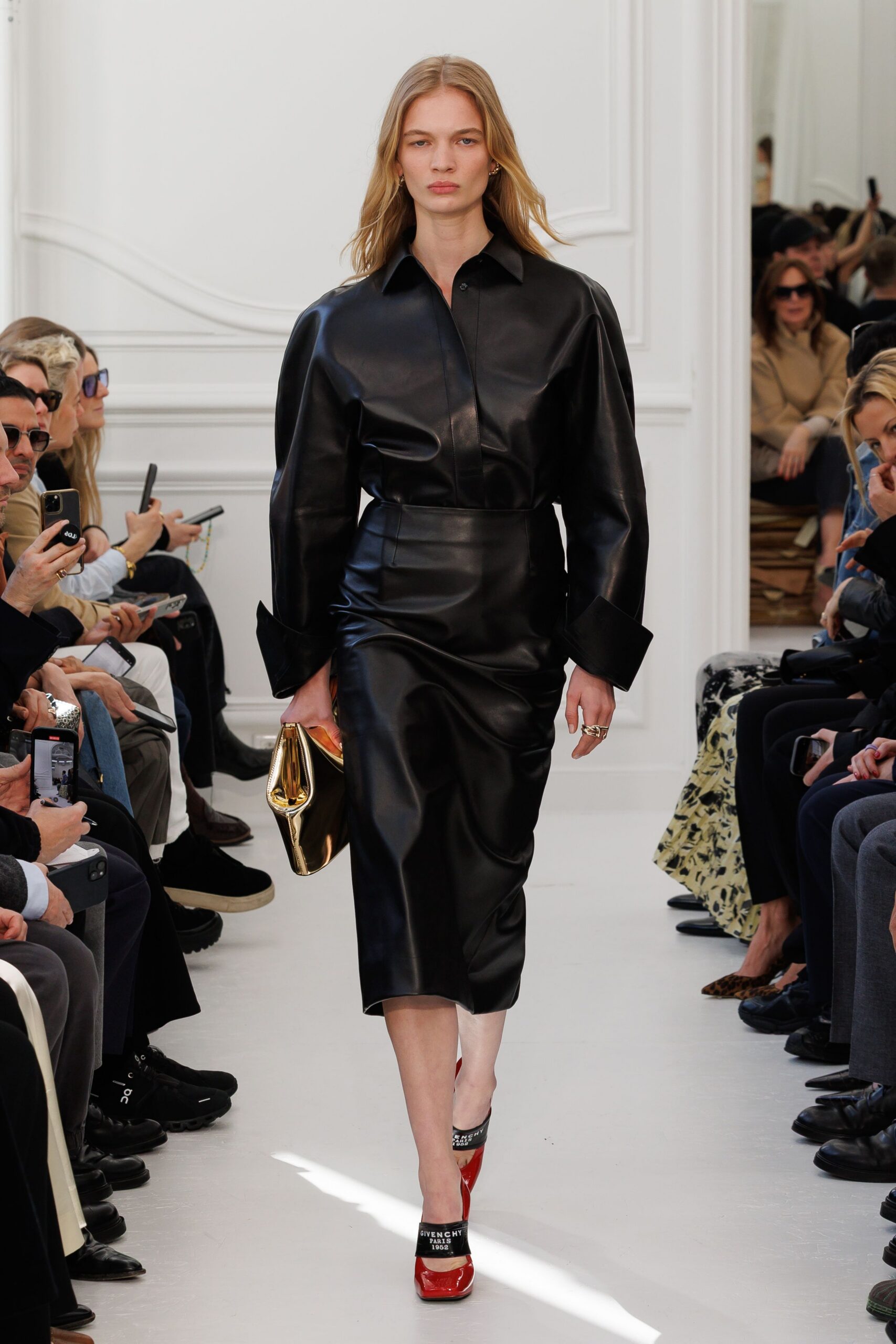 black leather long-sleeve collared fitted pencil midi shirt-dress