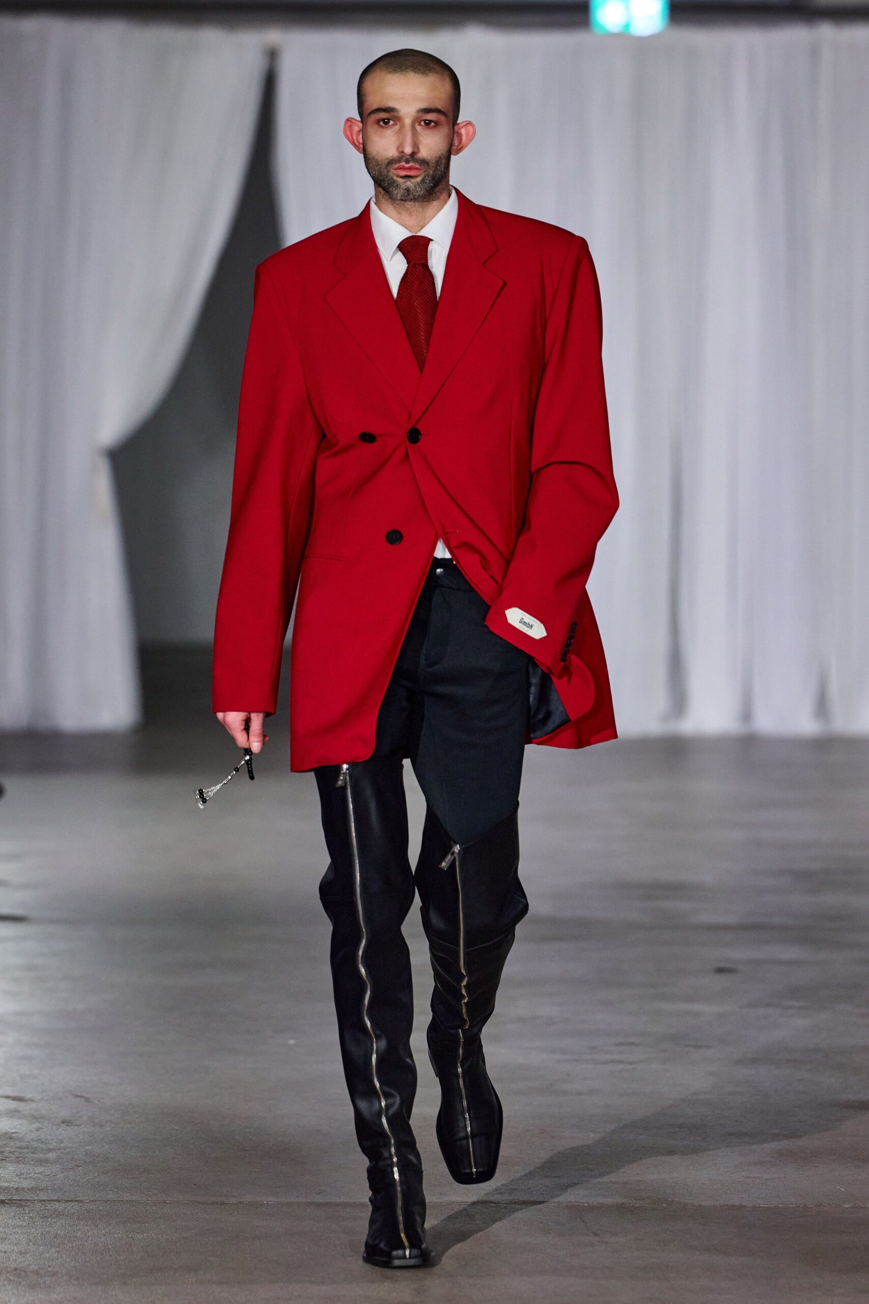 red wool long-sleeve collared oversized buttoned blazer