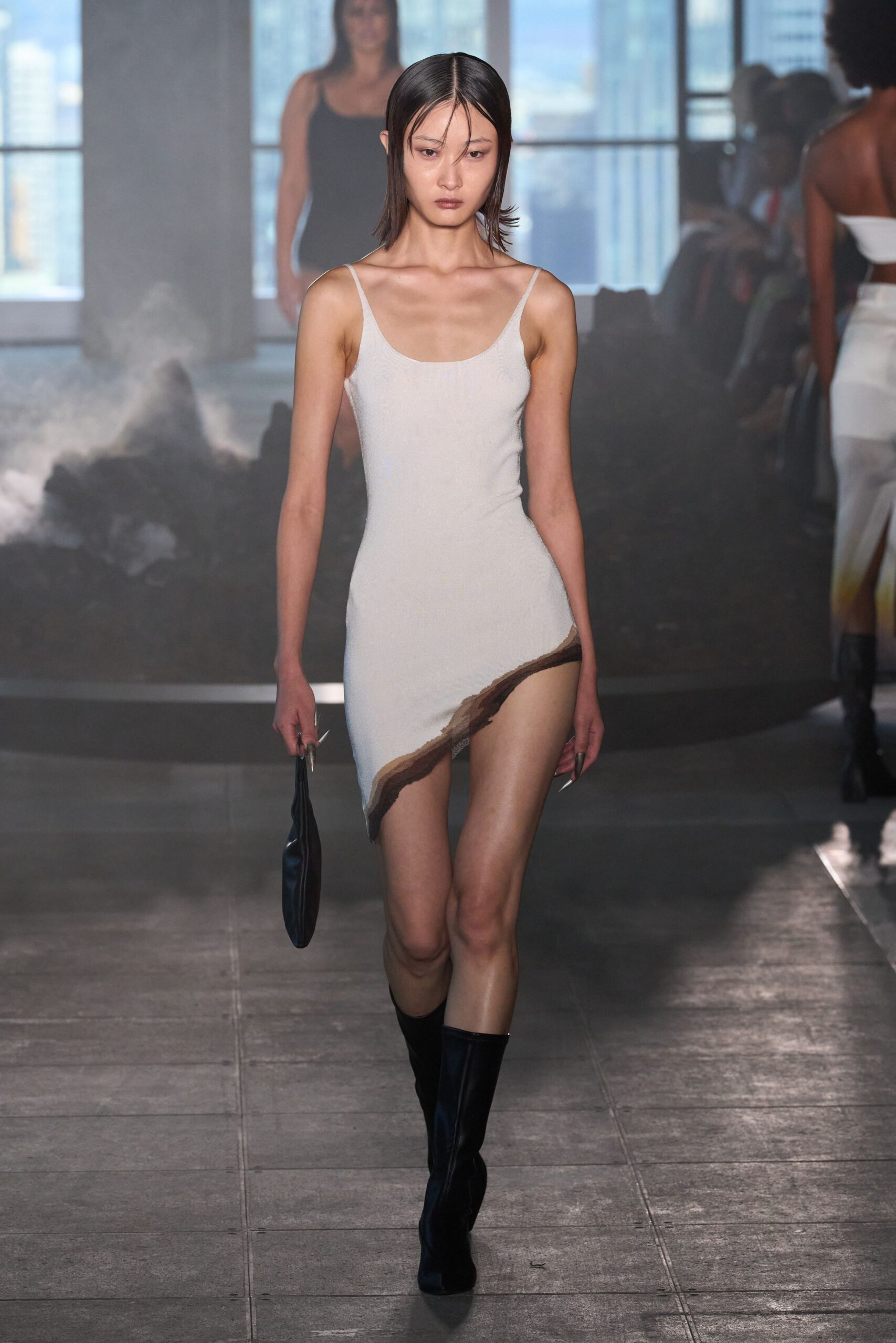 white cotton sleeveless high-neck fitted mini dress