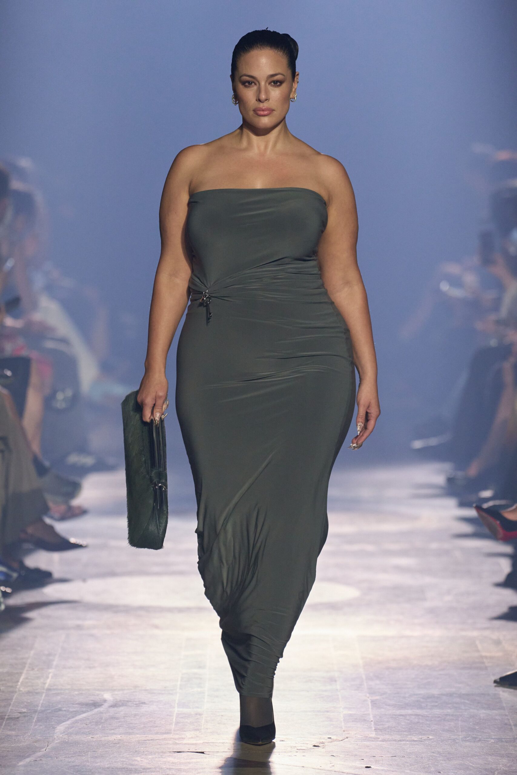 green silk strapless fitted draped maxi gown