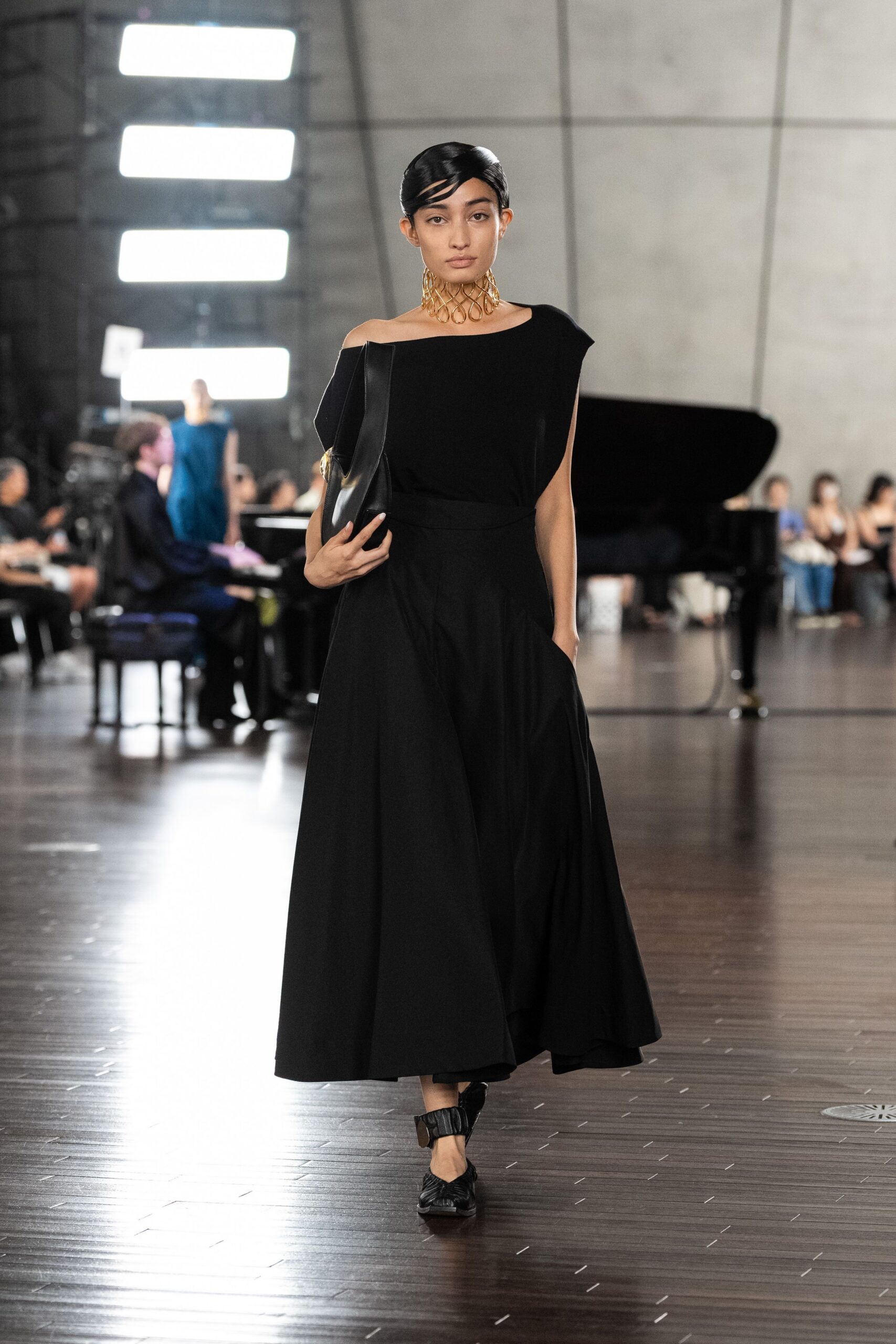 black off-shoulder midi dress