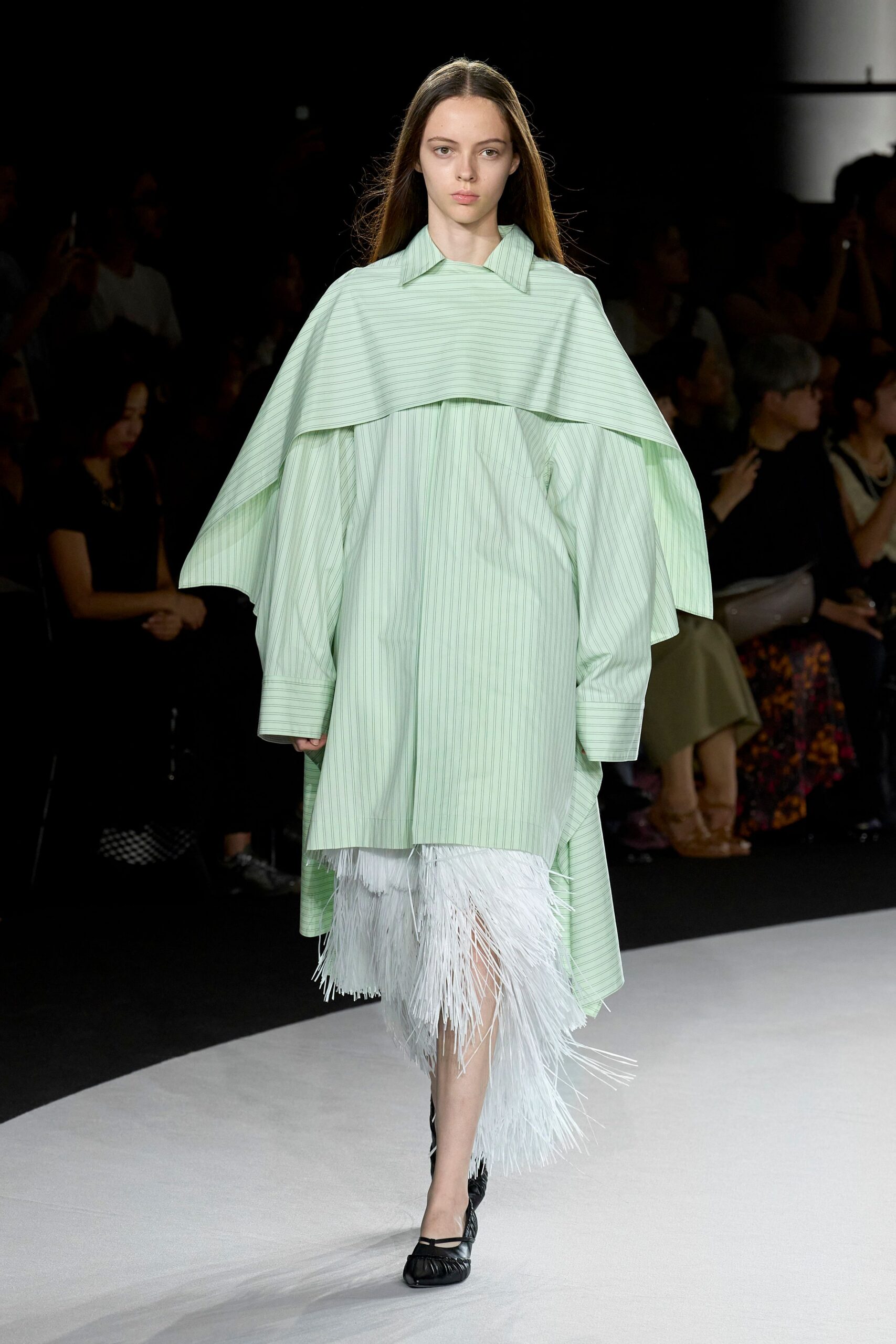 green cotton long-sleeve collared relaxed pleated fringed dress