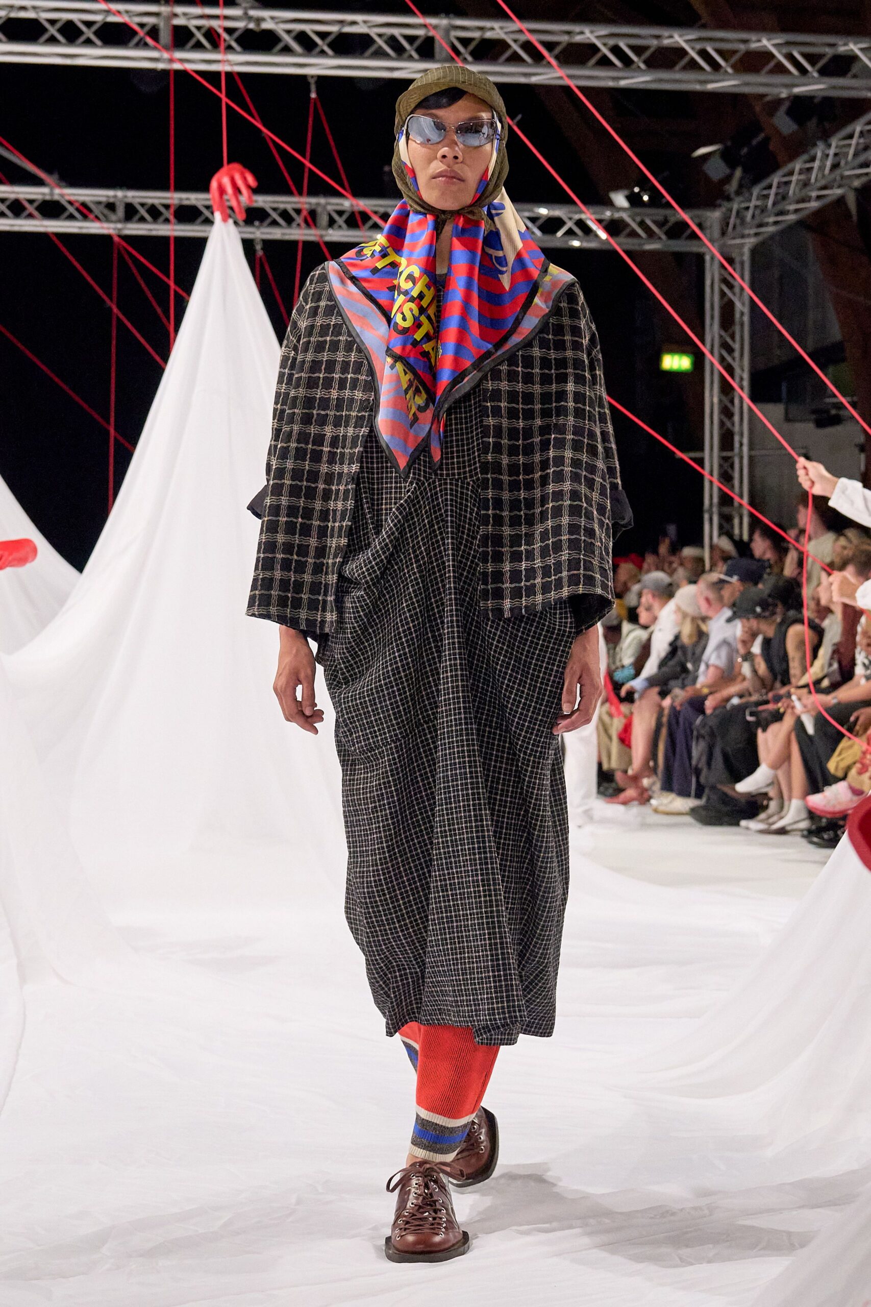 checked coat with multi scarf