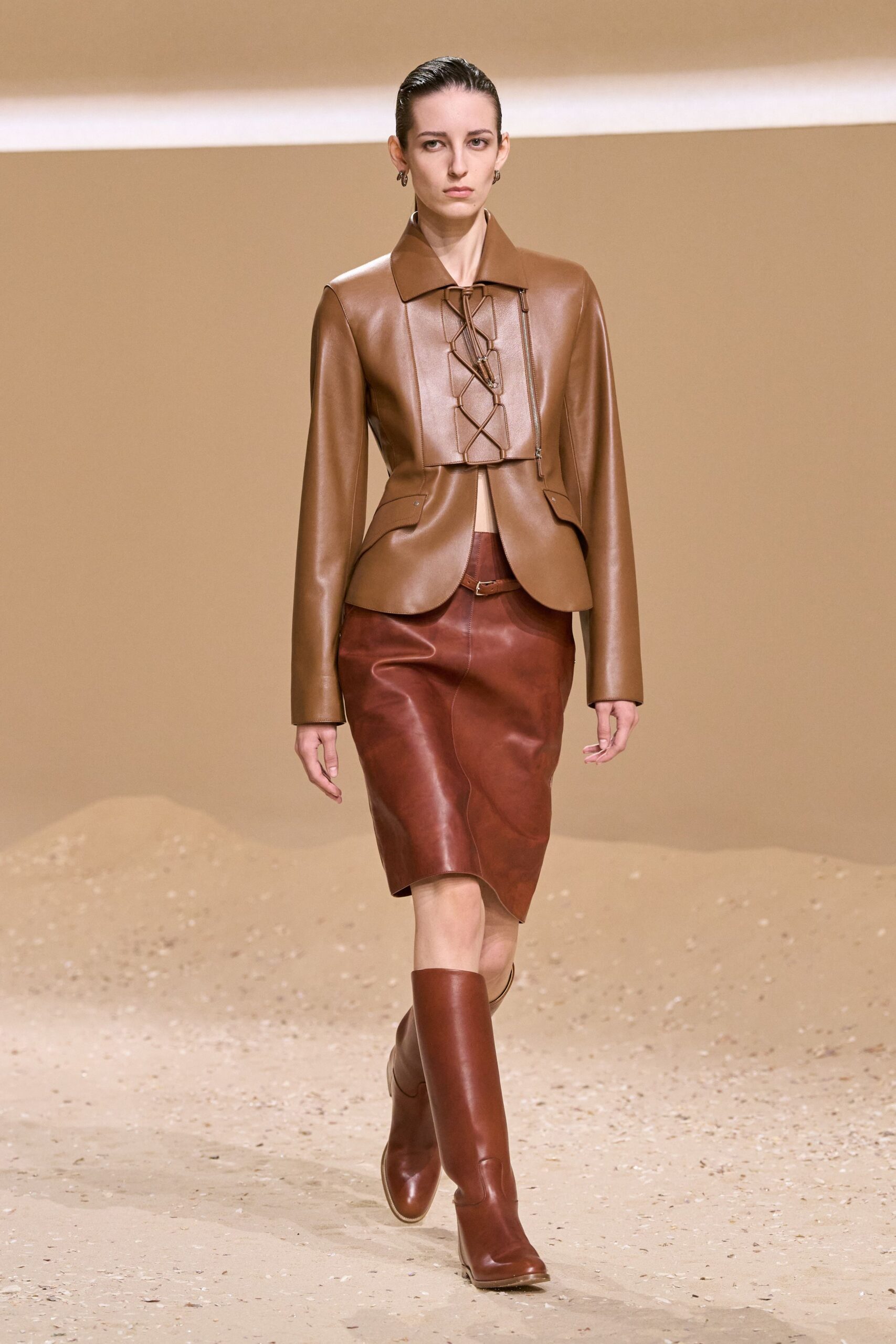 brown leather fitted jacket and skirt