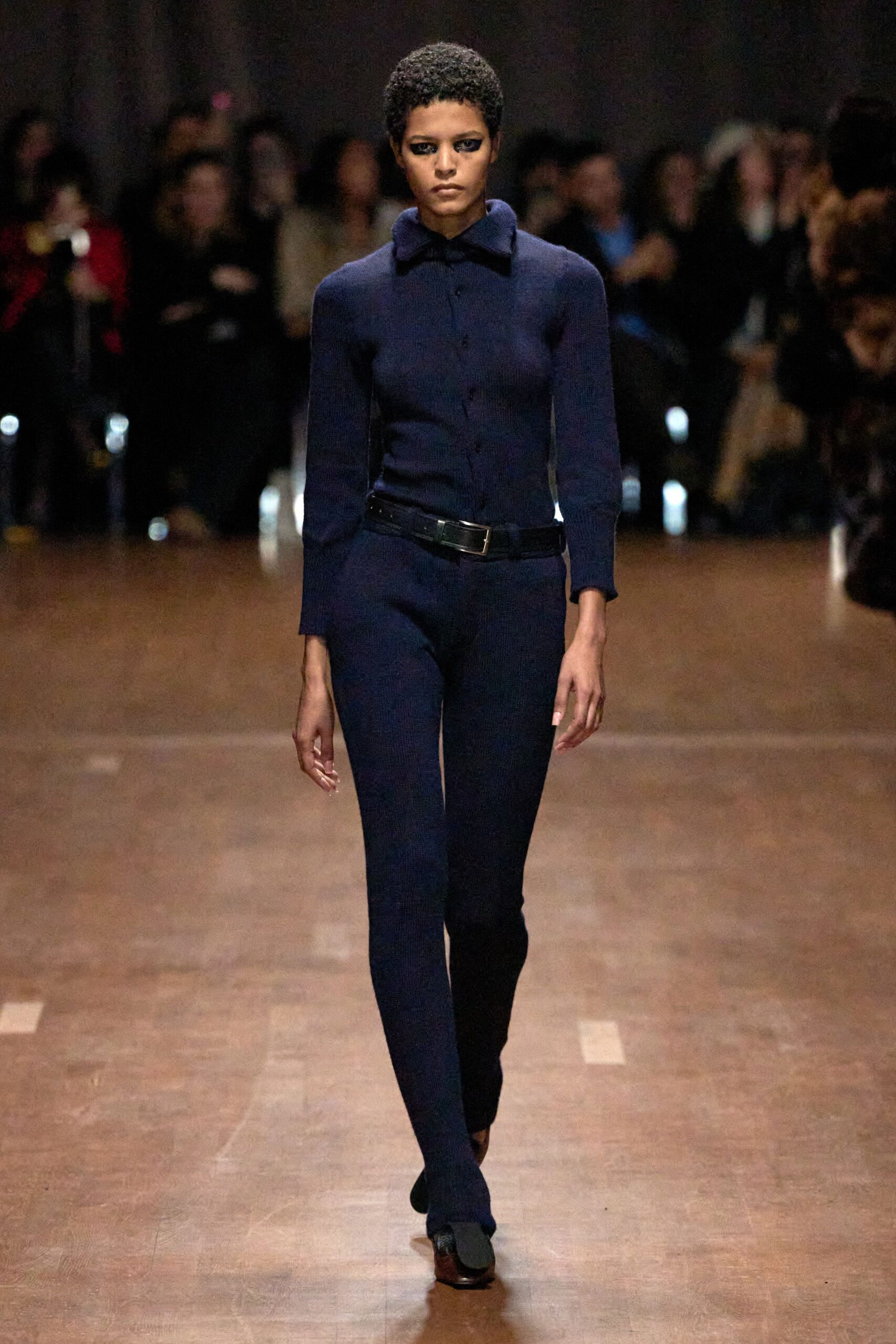 navy fitted catsuit with belt