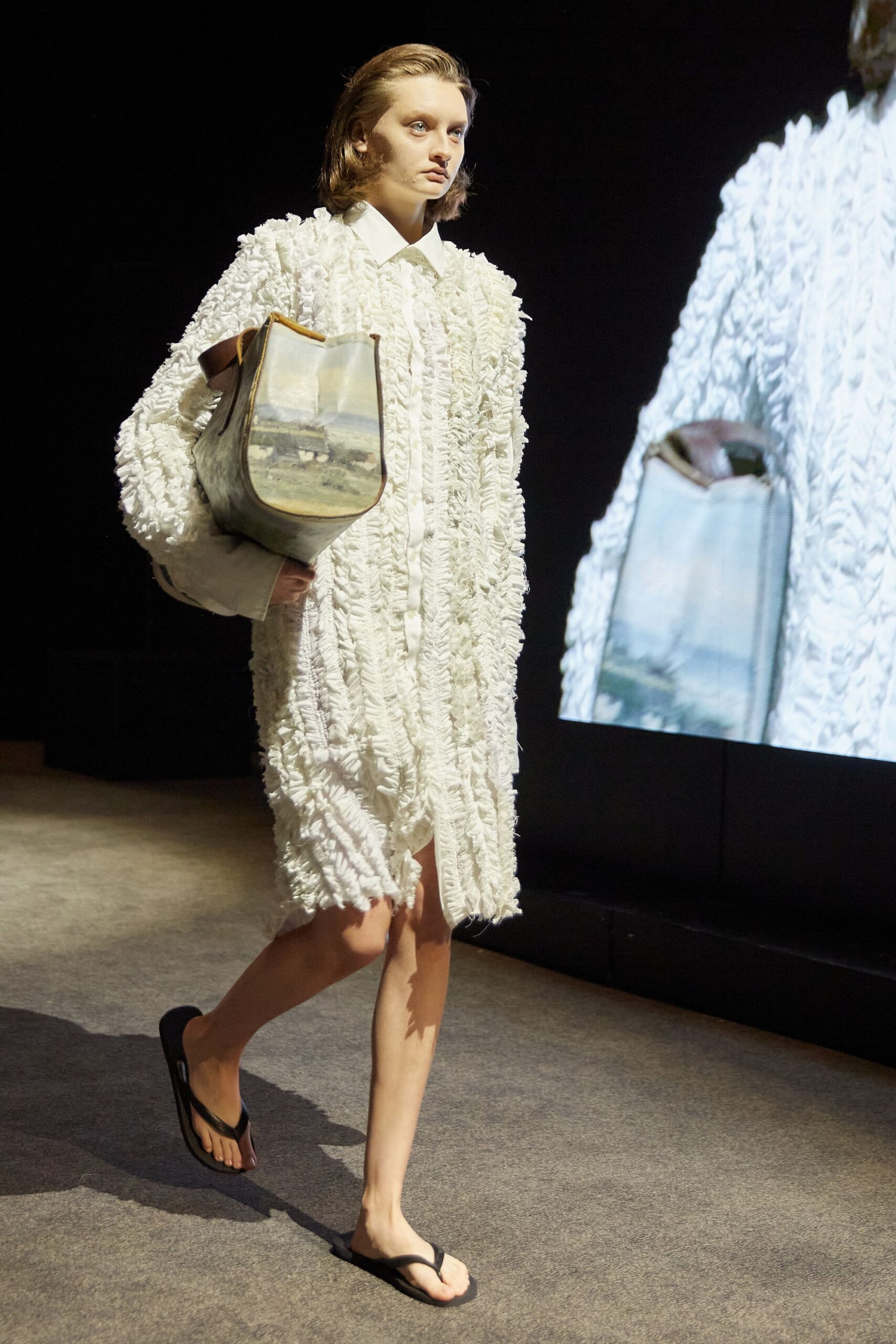 white cotton long-sleeve collared oversized ruffled midi coat