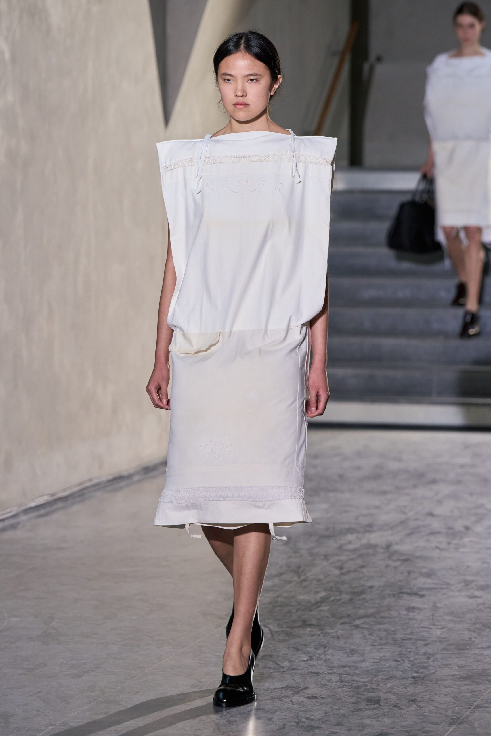 white silk midi dress with layered detail
