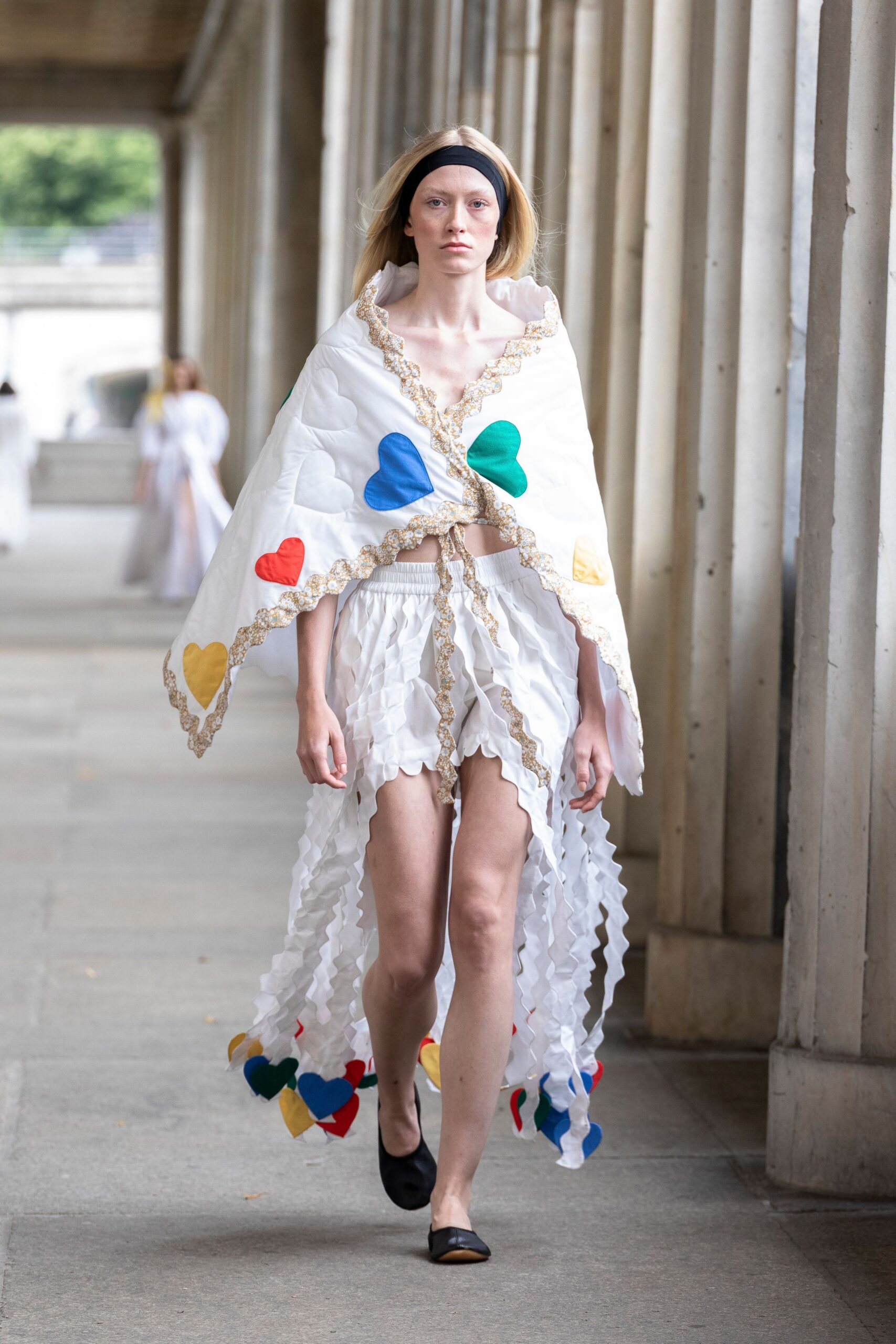 white cotton sleeveless relaxed fringed embroidered maxi cape
