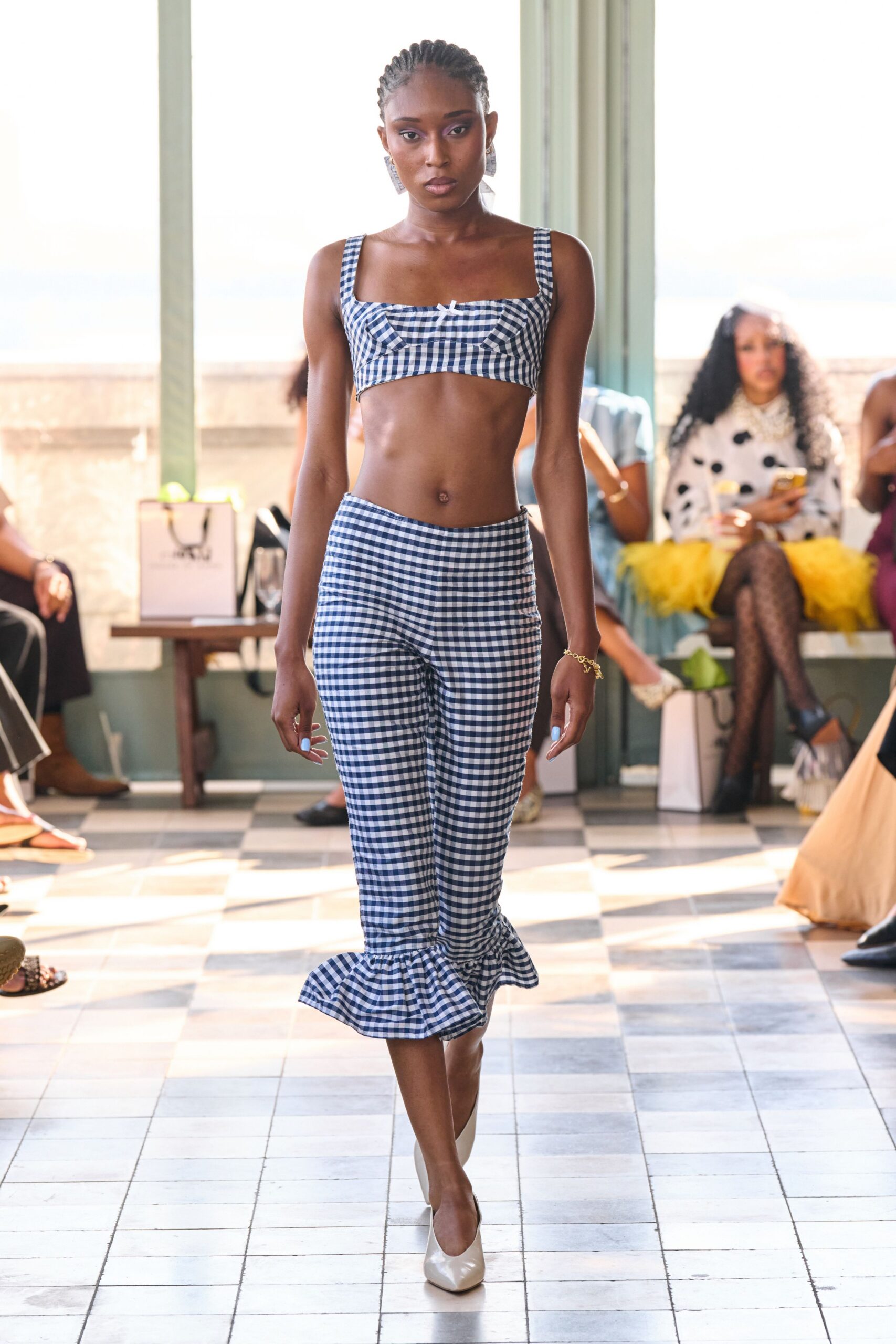 blue cotton sleeveless square-neck fitted checked cropped crop-top