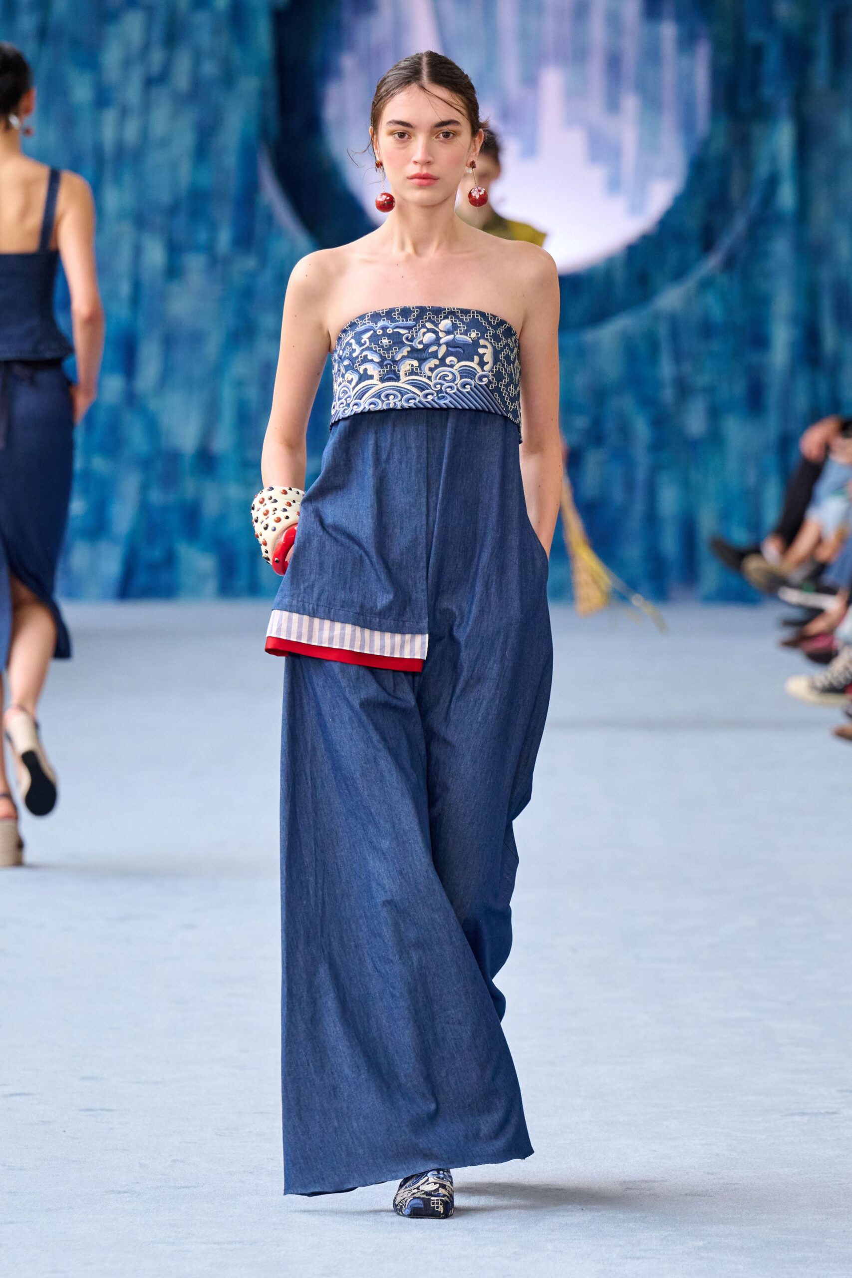 blue denim strapless relaxed wide-leg jumpsuit