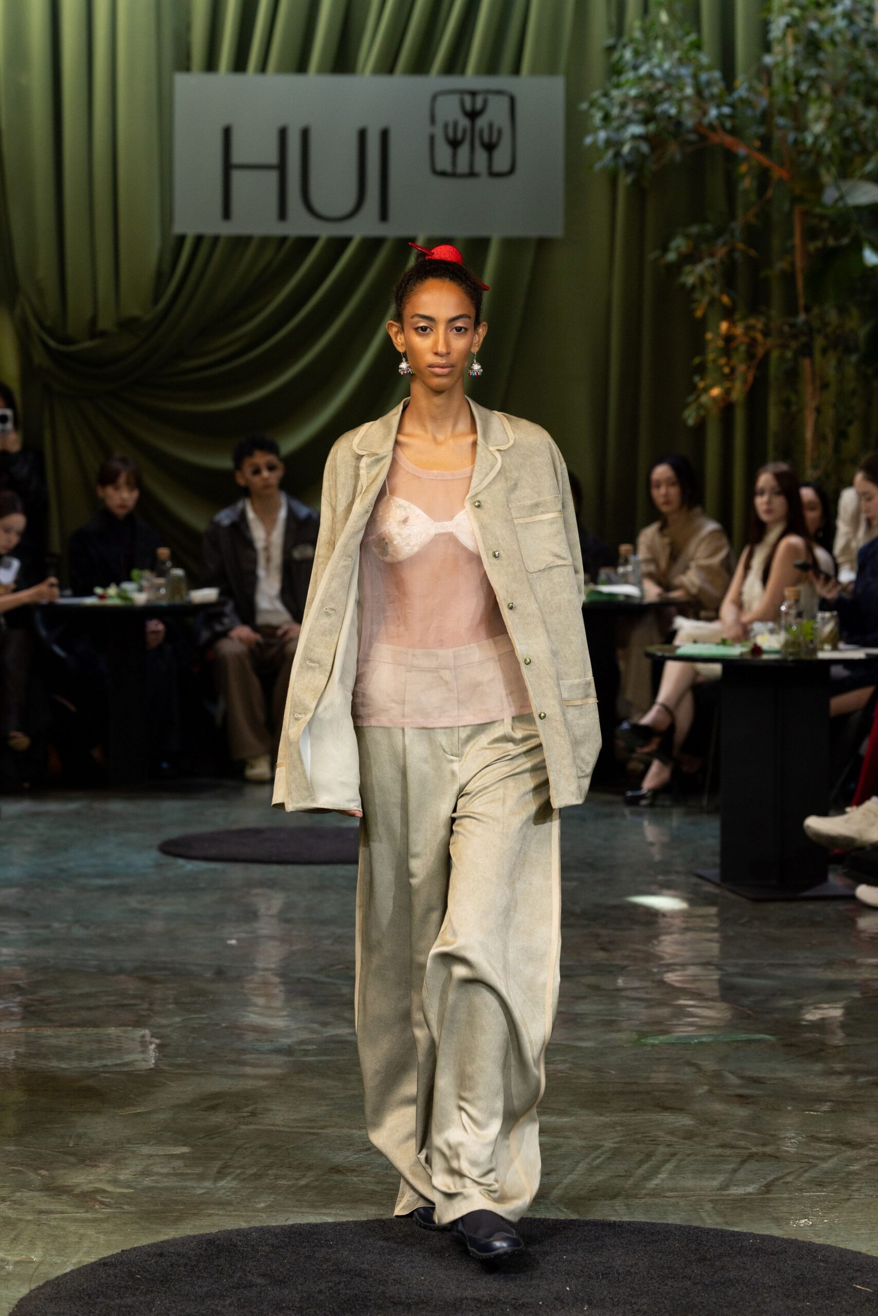 beige relaxed jacket with sheer top