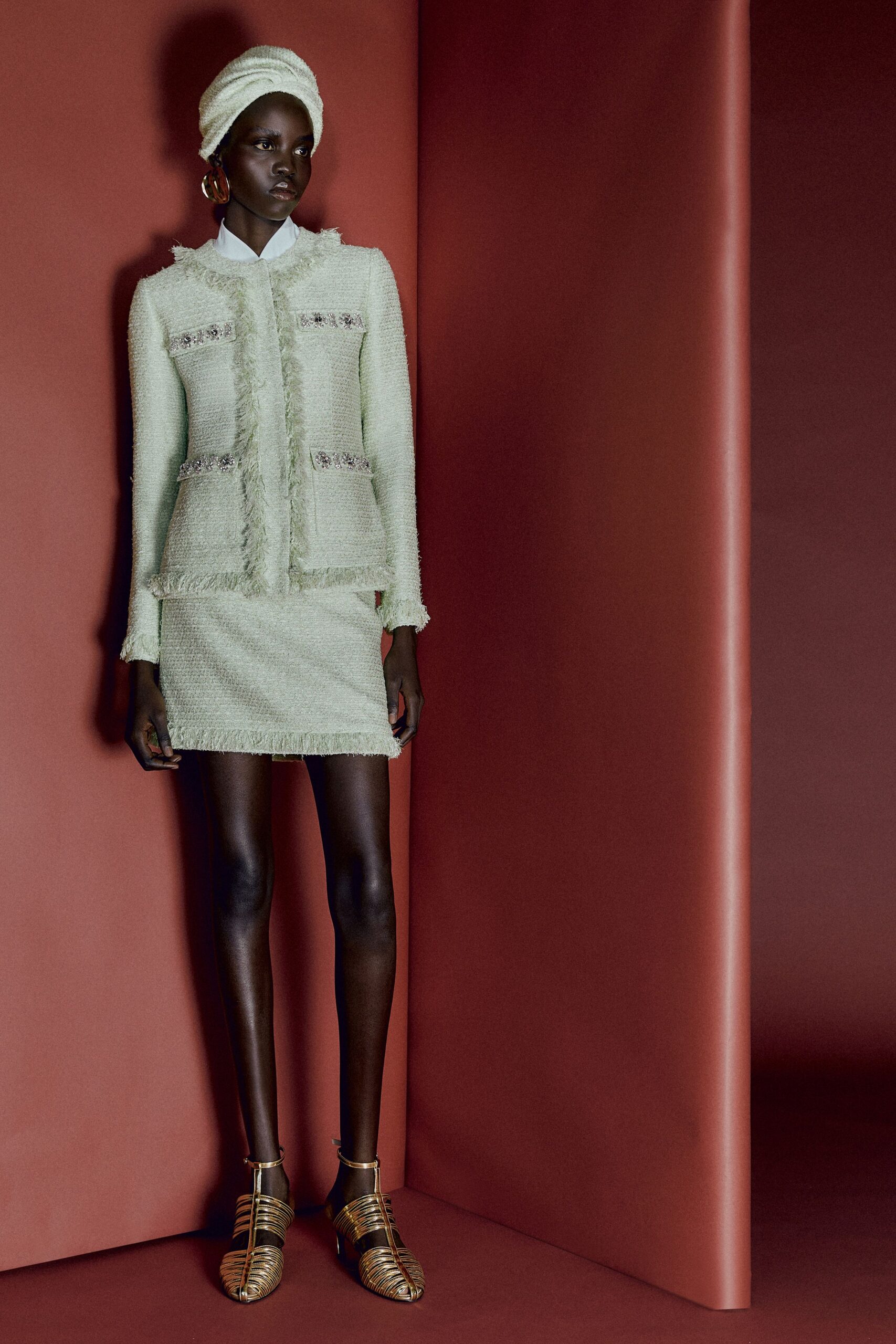 green tweed long-sleeve collared fitted fringed jacket