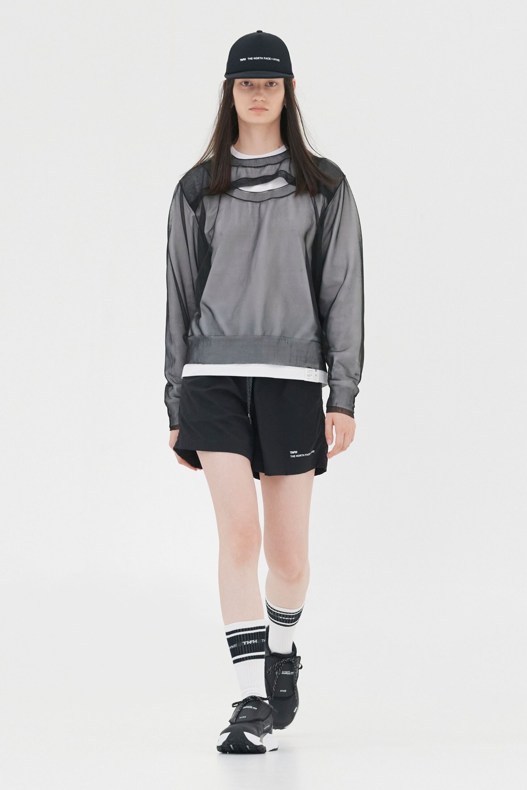 black mesh long-sleeve collared relaxed layered sheer top