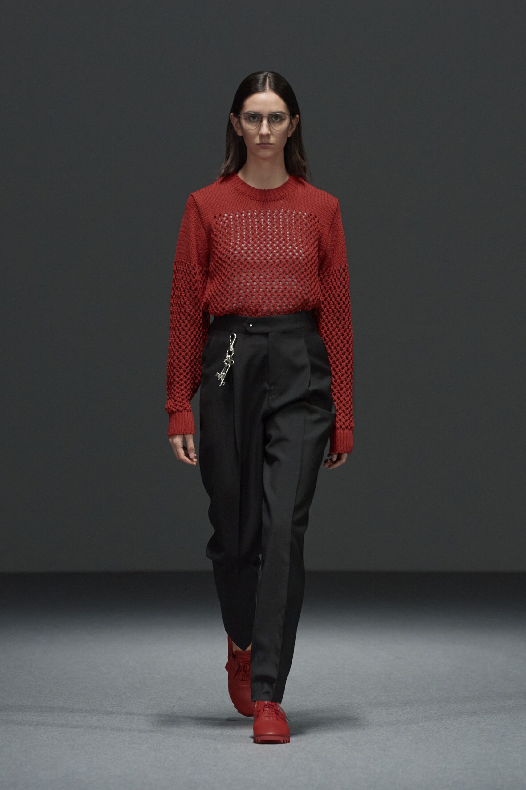red cotton long-sleeve collared fitted textured top