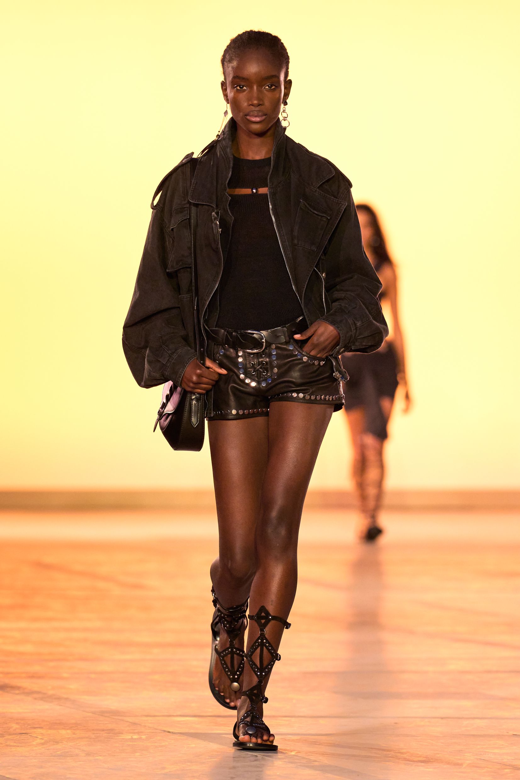 black denim long-sleeve collared oversized zippered jacket