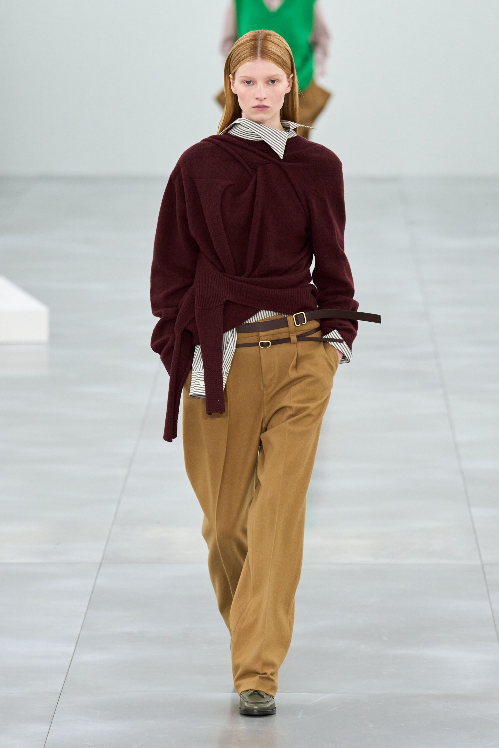 maroon wool long-sleeve v-neck relaxed draped sweater