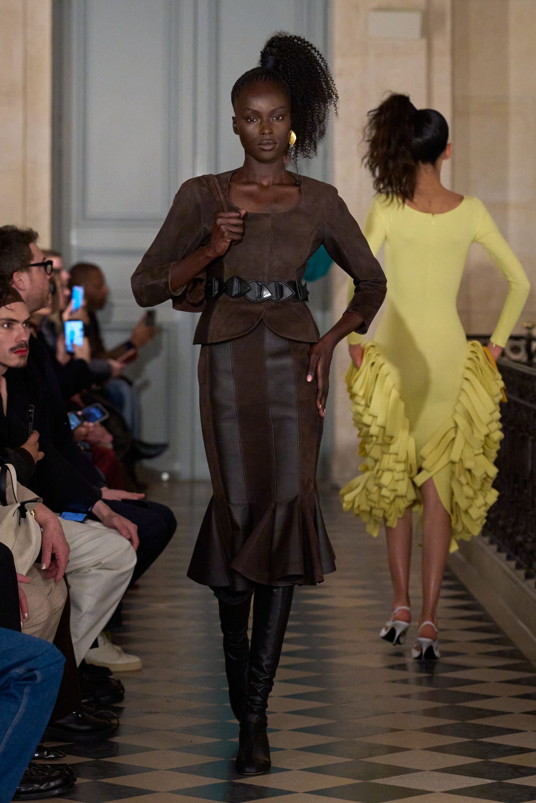 brown leather long-sleeve v-neck fitted flared midi dress