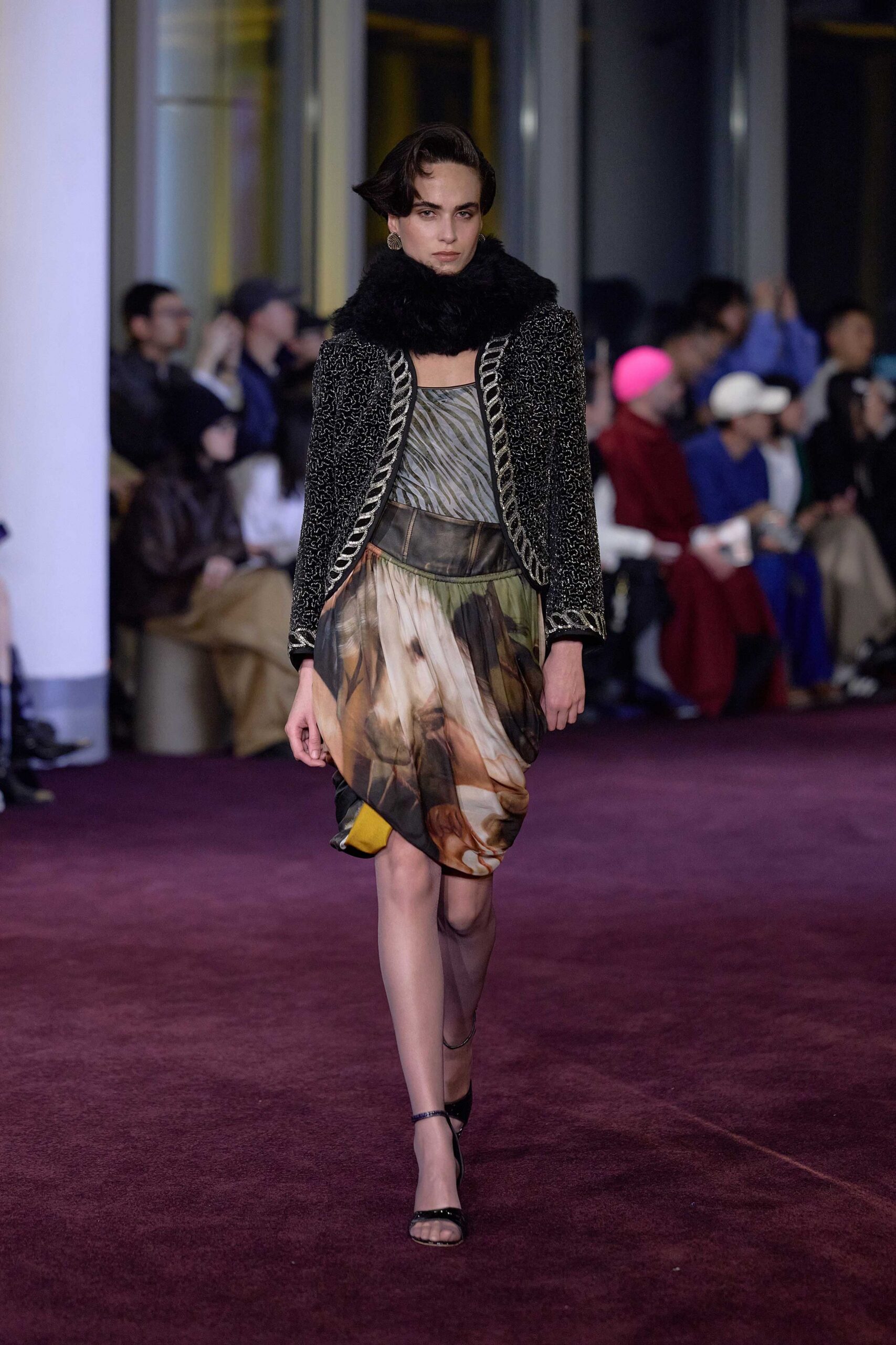 multi-colored silk midi dress with black jacket