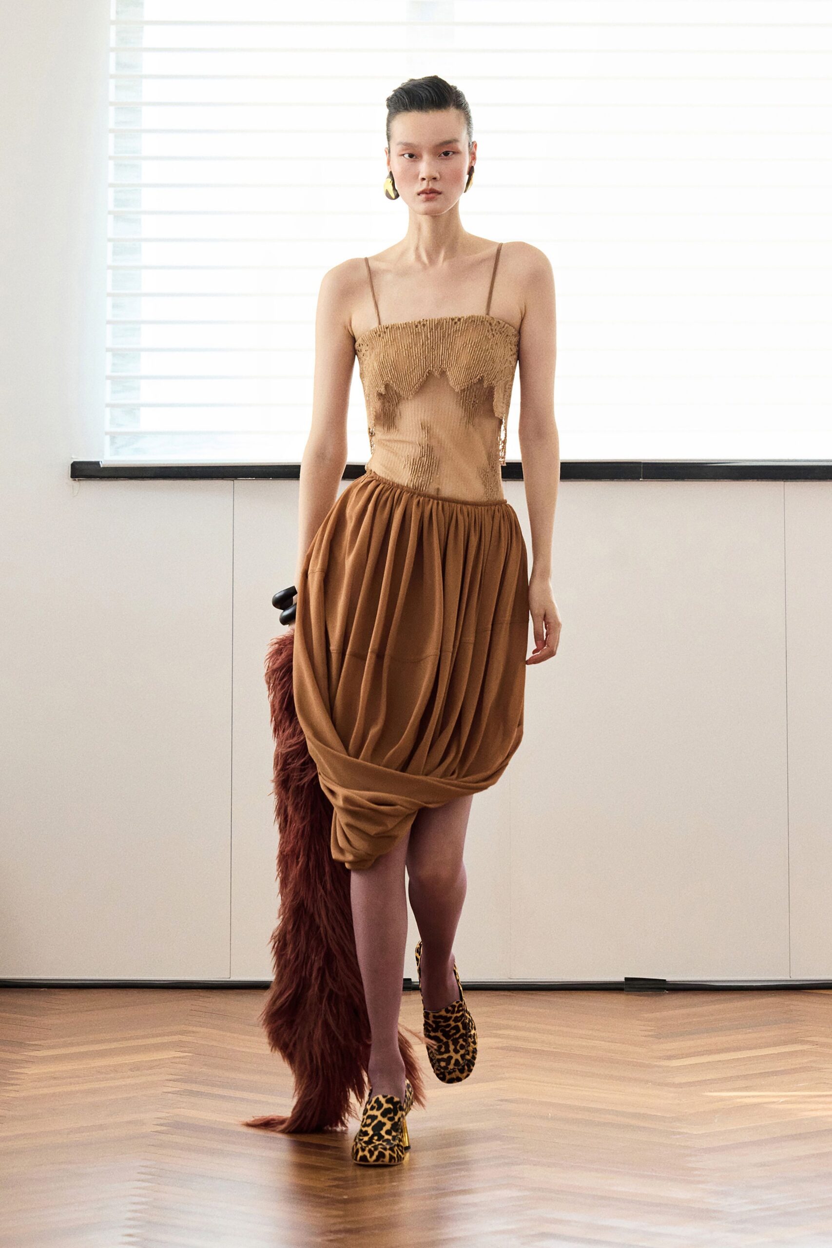 beige silk top brown draped skirt