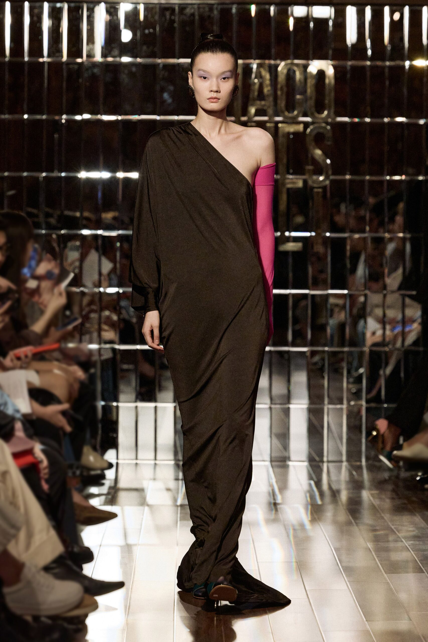 brown silk off-shoulder gown