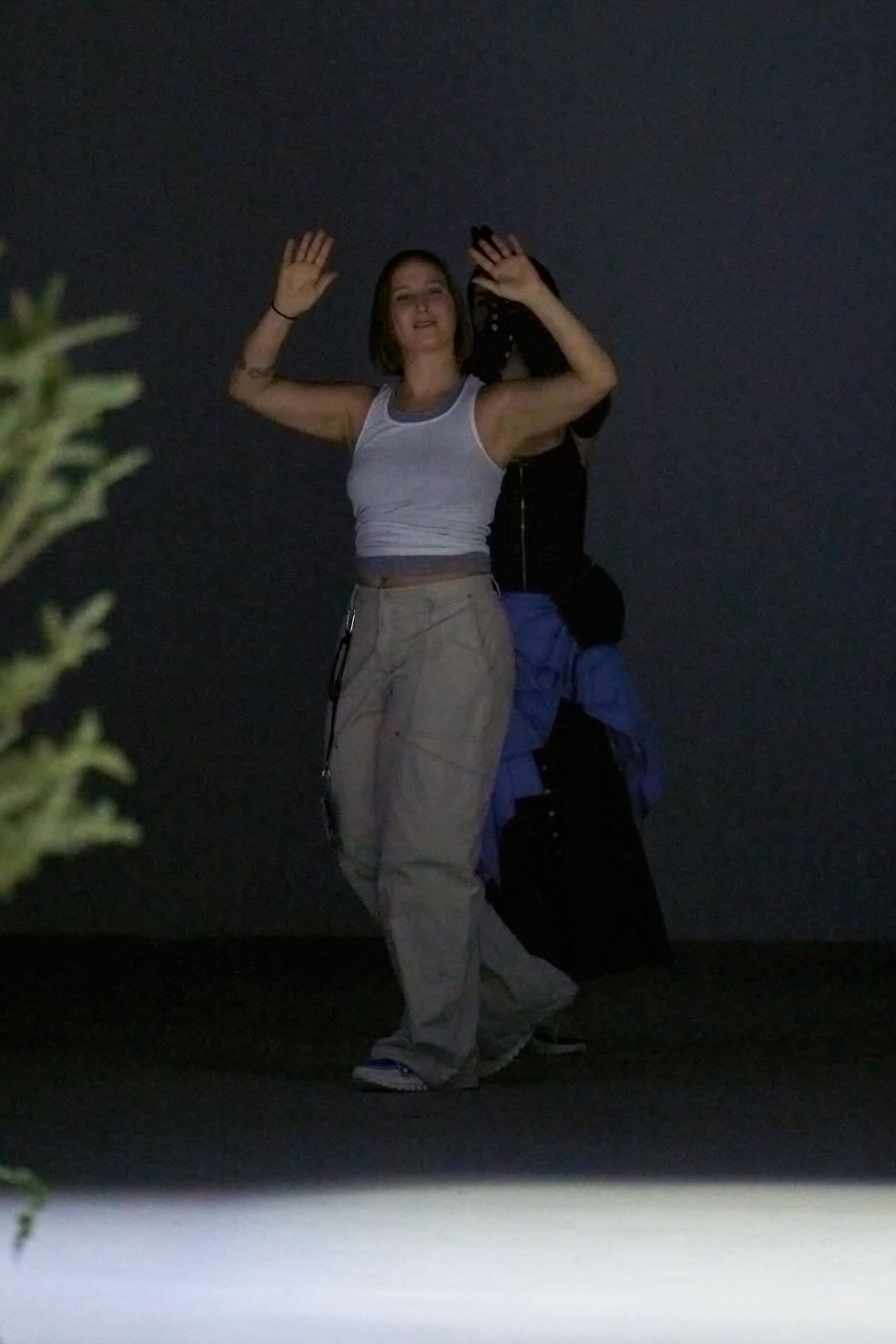 white tank-top beige cargo pants
